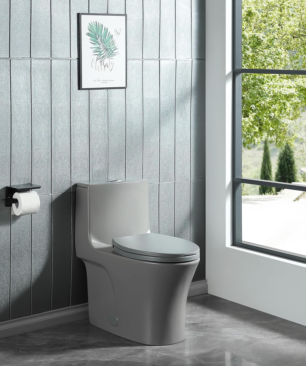 Inodoro de una pieza de doble descarga alargado estándar moderno inodoro 1.11.6 GPF asiento de cierre suave ahorra agua potente y silencioso – gris,