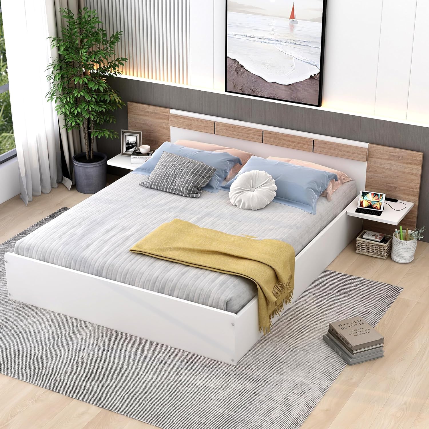 Cama de plataforma tamaño Queen con cabecero, estantes de almacenamiento, puertos USB y enchufes, marco de cama Queen de madera, no necesita somier