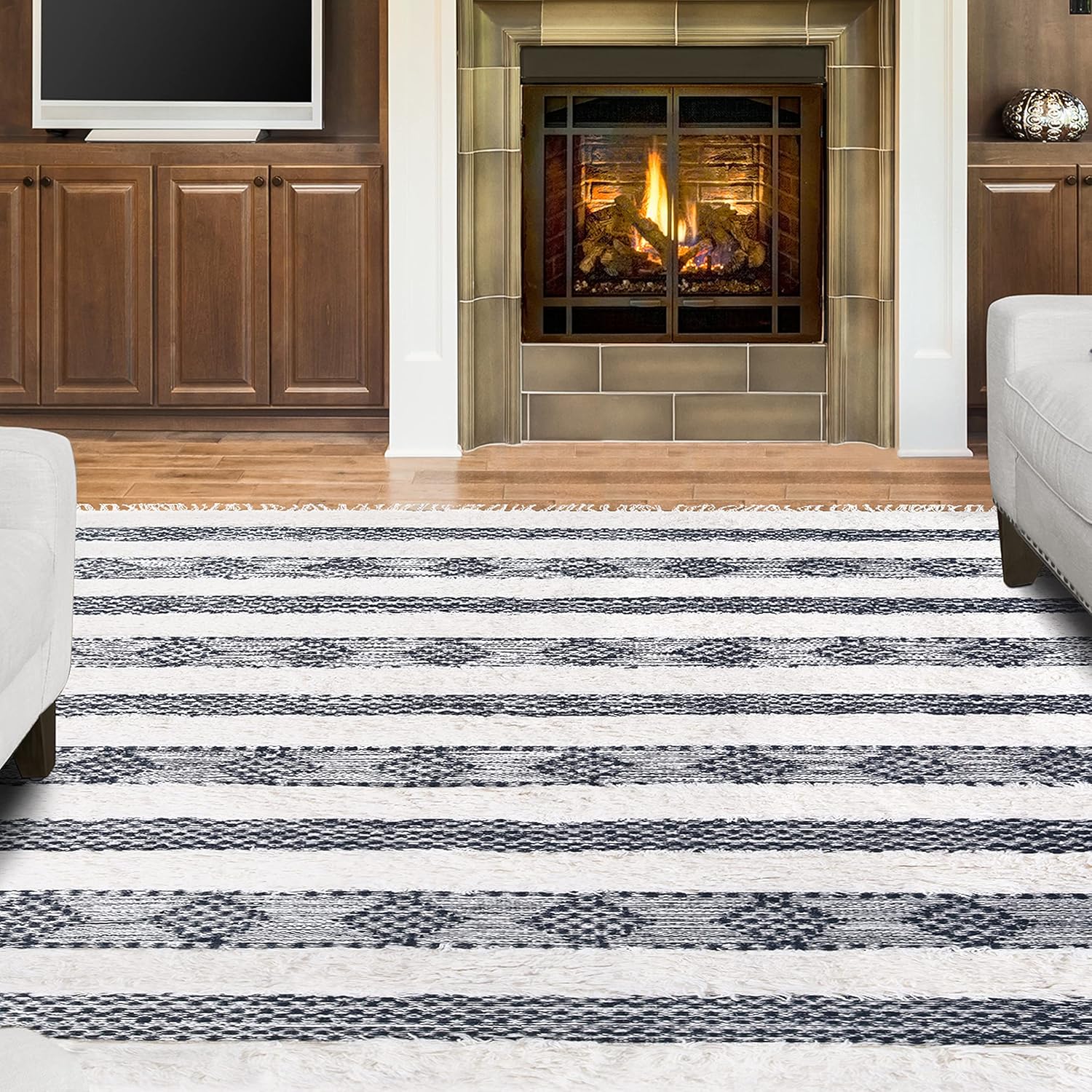 SUPERIOR Alfombra de lana copetuda a mano para interior, decoración geométrica a rayas para comedor, entrada, salóndormitorio, cocina, oficina,