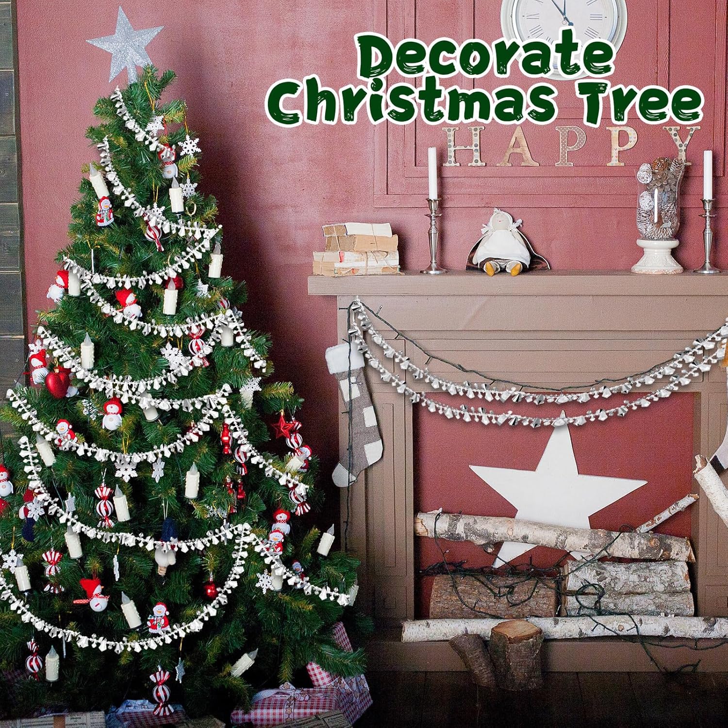 Bucherry Guirnalda de Navidad de 20 pies con cuentas de acrílico de cristal para colgar decoraciones rústicas para árbol de Navidad, adornos de