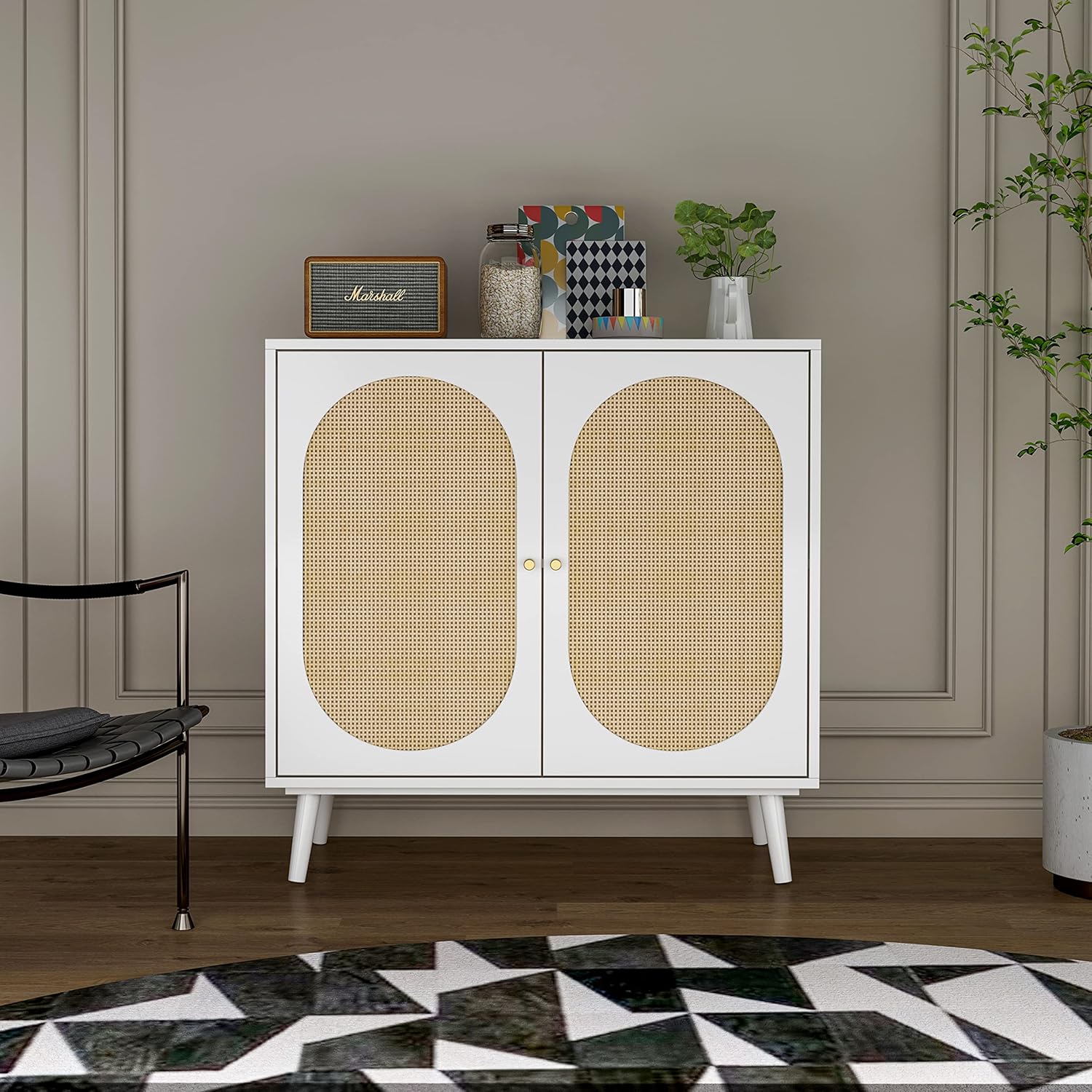 Armario de almacenamiento bohemio con 2 puertas de ratán, armario de mimbre para bufé, mesa de consola de armario, armario de madera de mediados de