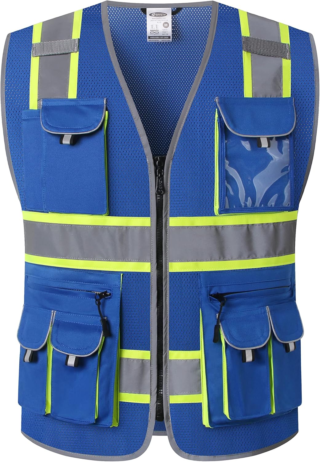 JKSafety Chaleco de seguridad de malla con cremallera frontal de color neón de alta visibilidad de 10 bolsillos para hombres y mujeres, utilidad de