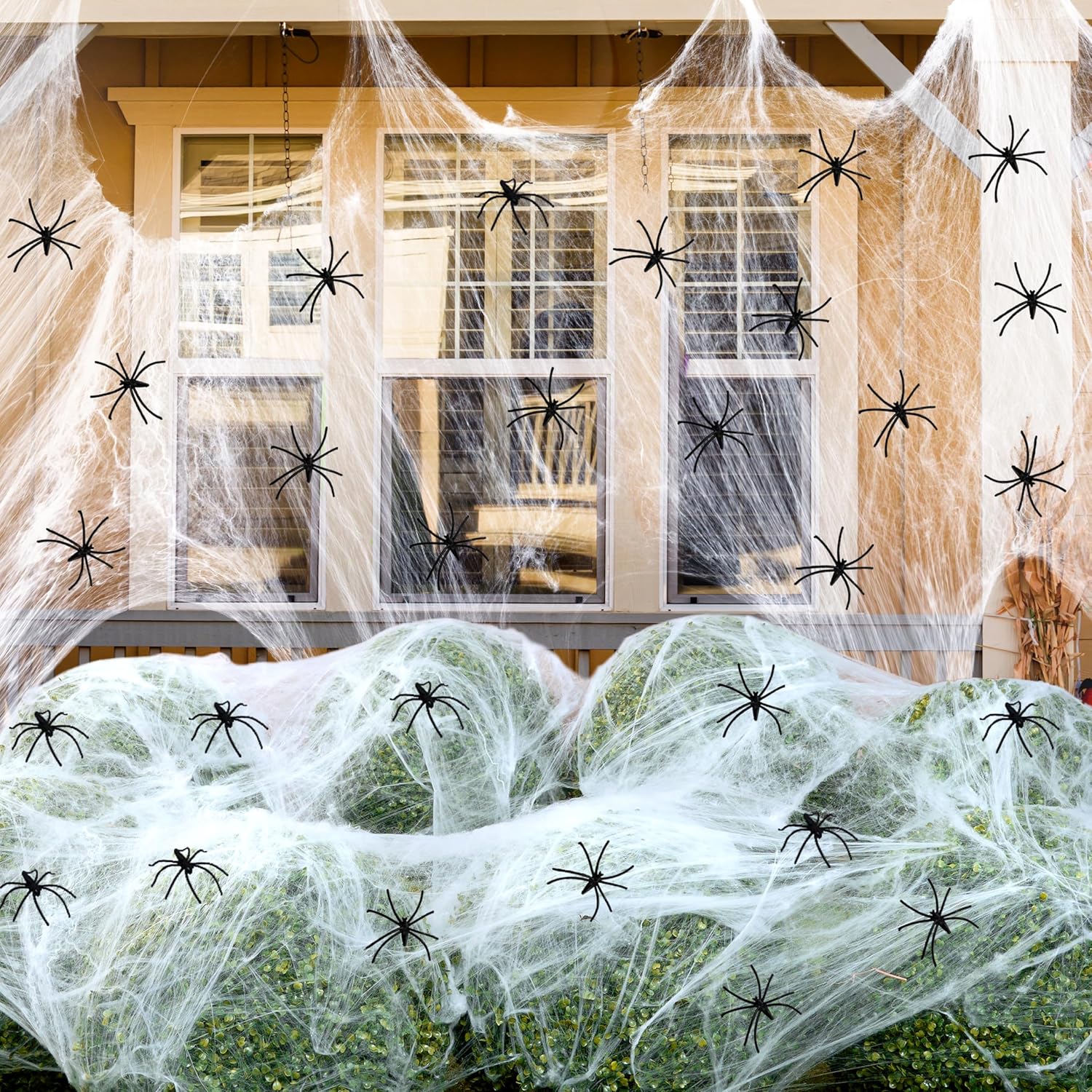 JOYIN Decoración de Halloween de araña de 1200 pies cuadrados con 80 arañas falsas, telarañas súper elásticas para Halloween, decoración de fiesta