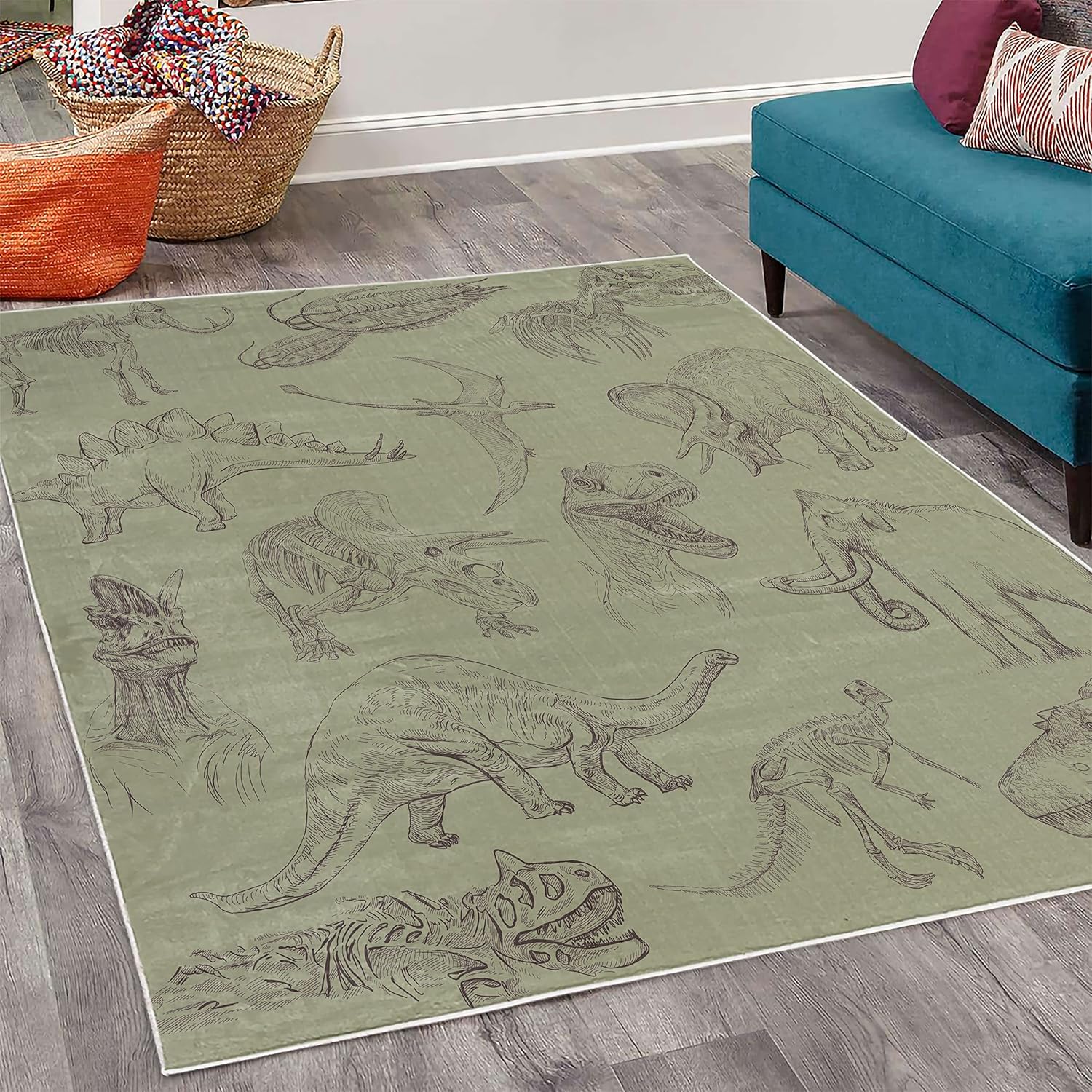 Ambesonne Jurassic – Alfombra decorativa, arreglo de varias ilustraciones de dinosaurios, esqueleto, biología histórica, alfombra de calidad para