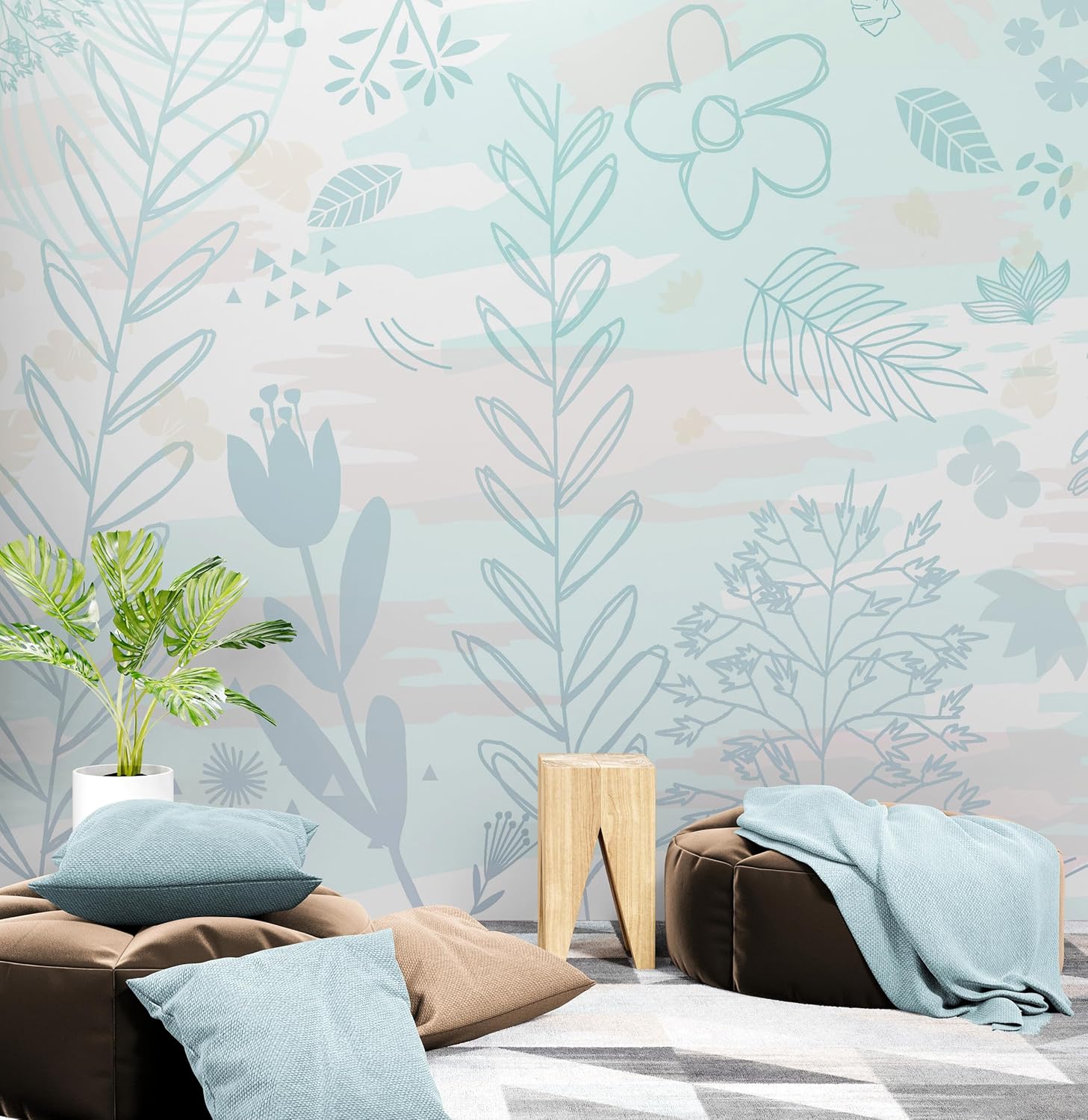Papel pintado de flores botánicas pastel. Papel pintado de arte de pared para guardería, papel tapiz floral vintage bohemio despegar y pegar. Papel