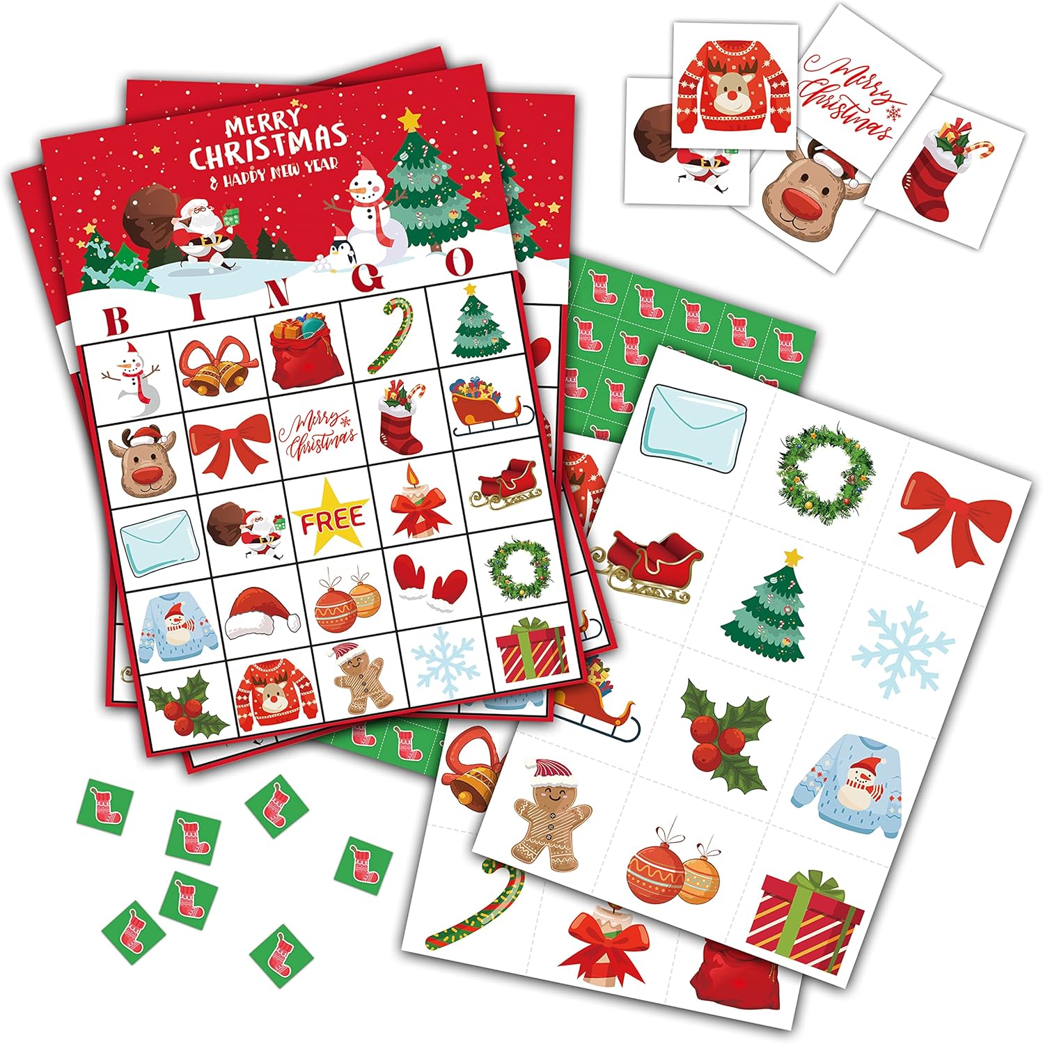 Juego de bingo de Navidad, juegos de fiesta temática de Feliz Navidad con 24 jugadores, actividades de suministros de vacaciones de invierno,