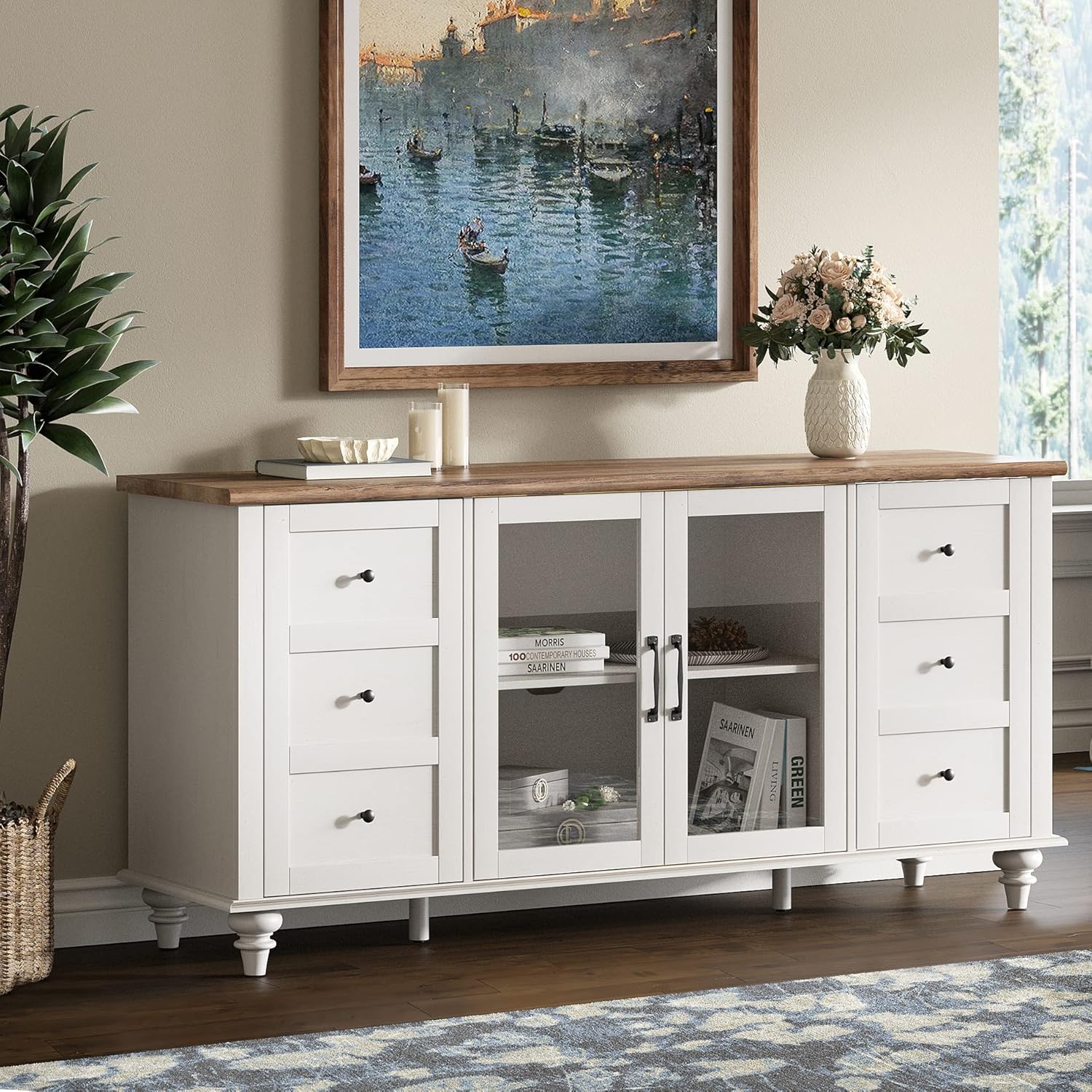 WAMPAT Soporte de TV de granja con armario de almacenamiento, soporte universal de TV de vidrio y madera, centro de entretenimiento blanco para