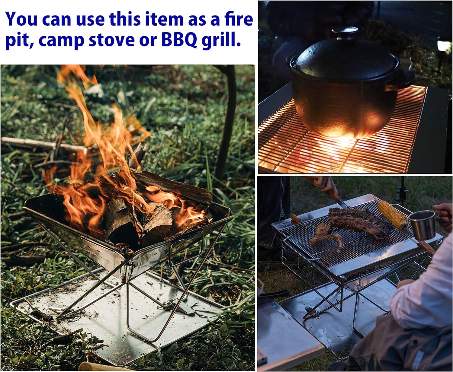 CAMPINGMOON – Parrilla de leña portátil 3 en 1 de acero inoxidable y hoguera de 14 x 15.35 pulgadas con bolsa de transporte MT-035