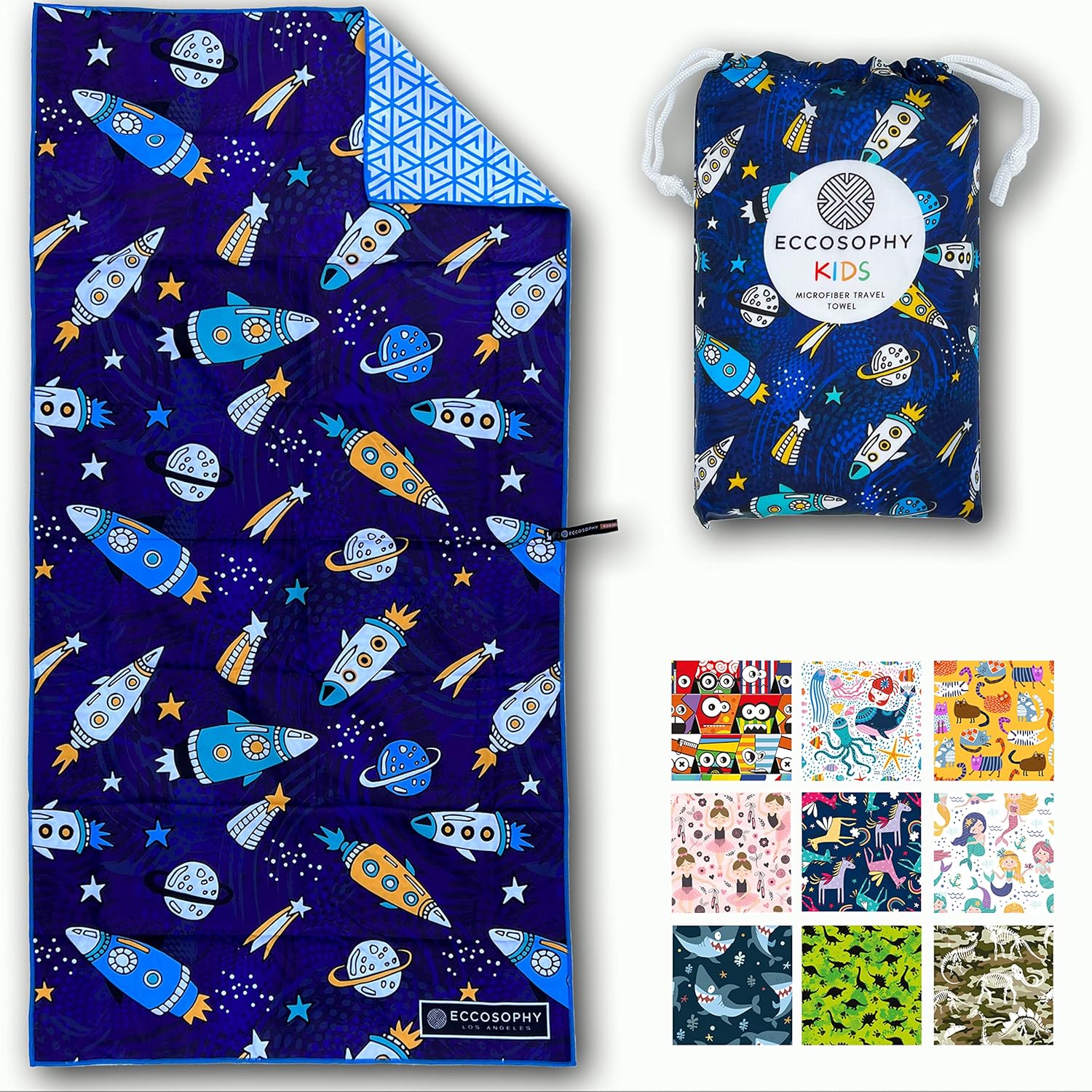 ECCOSOPHY Toallas de playa y bolsa de microfibra para niños de 60 x 30 pulgadas para niñas y niños – Toallas de piscina de secado rápido – Manta de