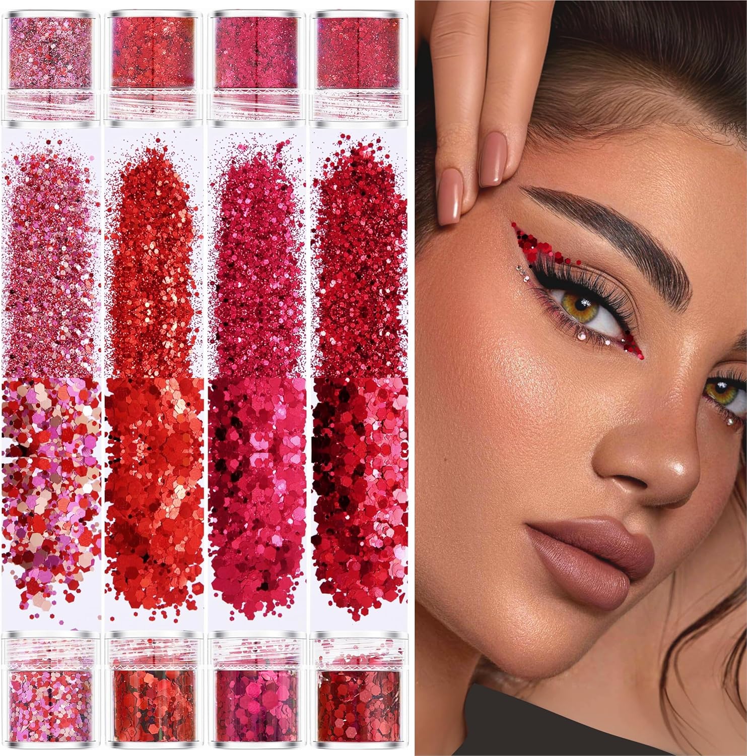 GABOX Juego de 8 frascos de purpurina gruesa cosmética roja rubí, polvo fino holográfico de resina de uñas + 0.039 in+0.079 in + 0.118 in, juego de