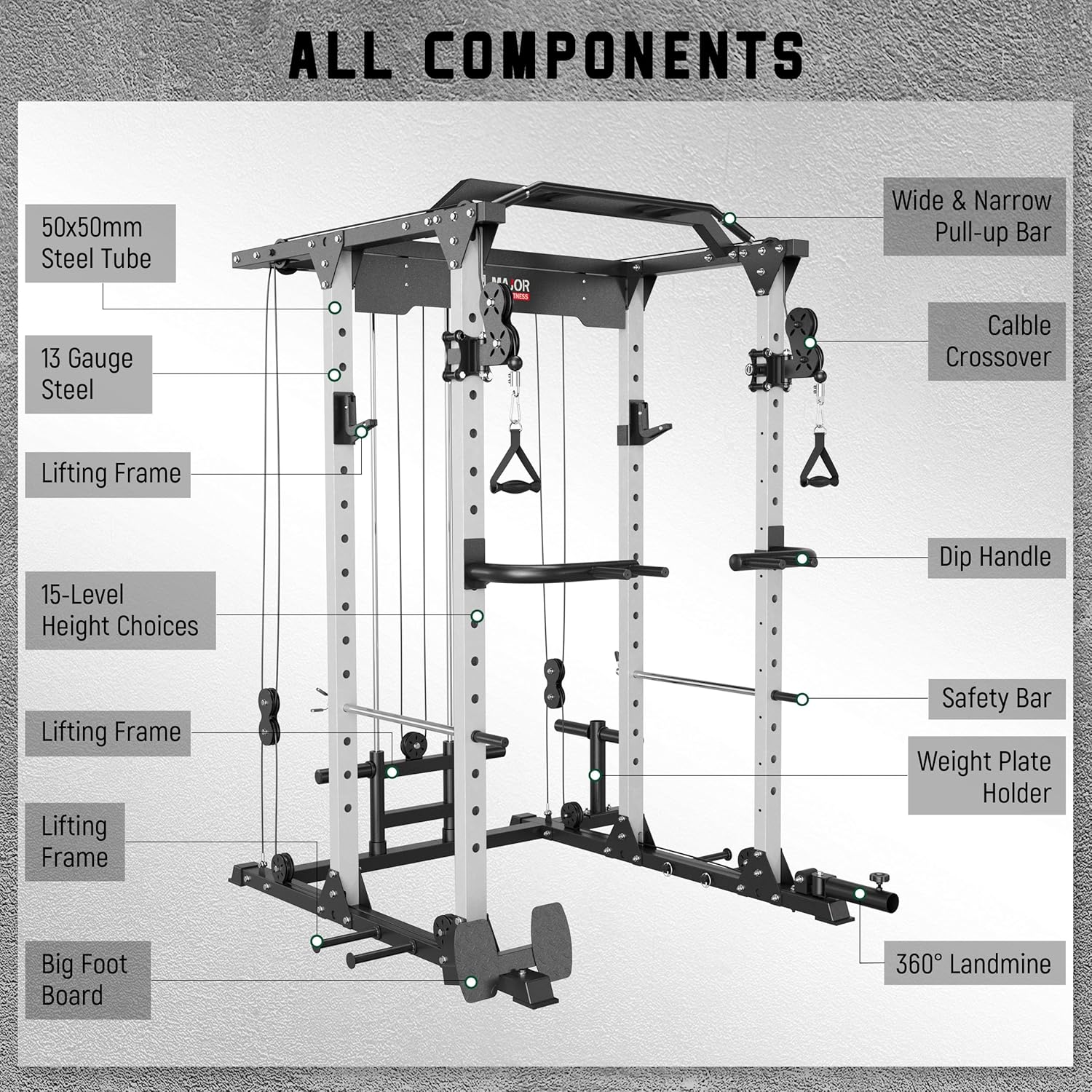 MAJOR LUTIE Jaula de potencia para fitness con placas de peso de hierro fundido de 245 libras y barra olímpica, PLM03 Rack de potencia multifunción