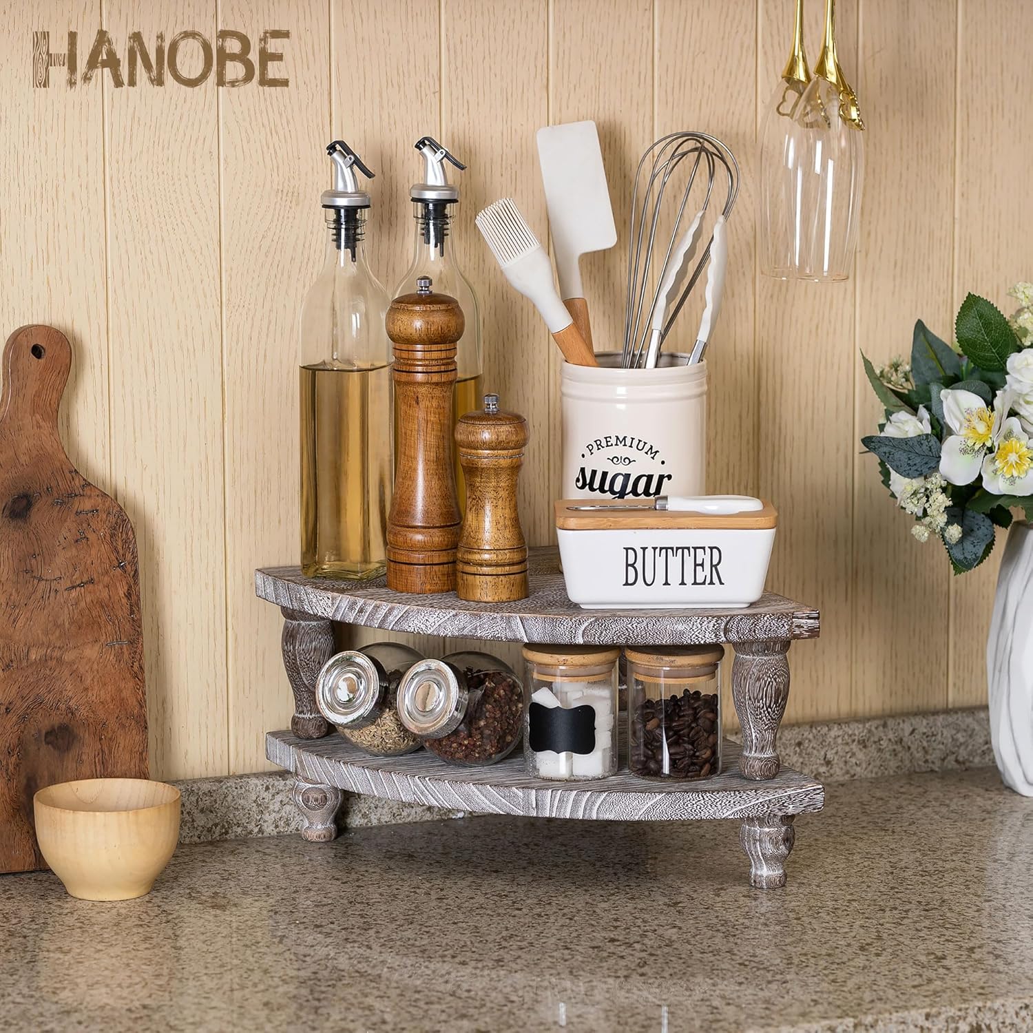 Hanobe Elevador de madera para mostrador de esquina bandeja decorativa rústica, juego de 2 soportes de pedestal de madera para exhibición, bandejas