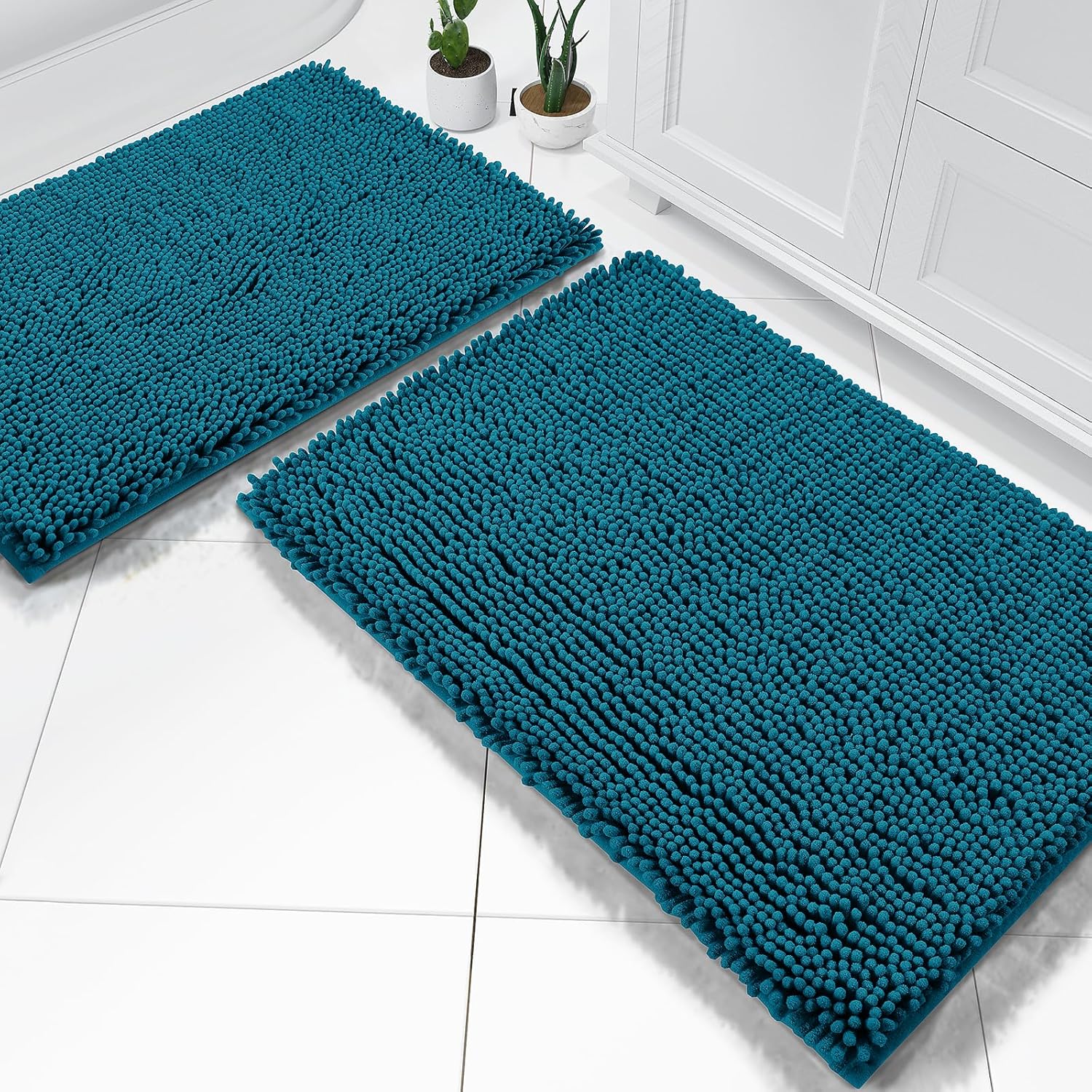 Yimobra Juego de 2 alfombras de baño de felpilla de lujo, suaves y absorbentes, antideslizantes, lavables para baño (31.5 x 19.8 + 24 x 17 pulgadas,