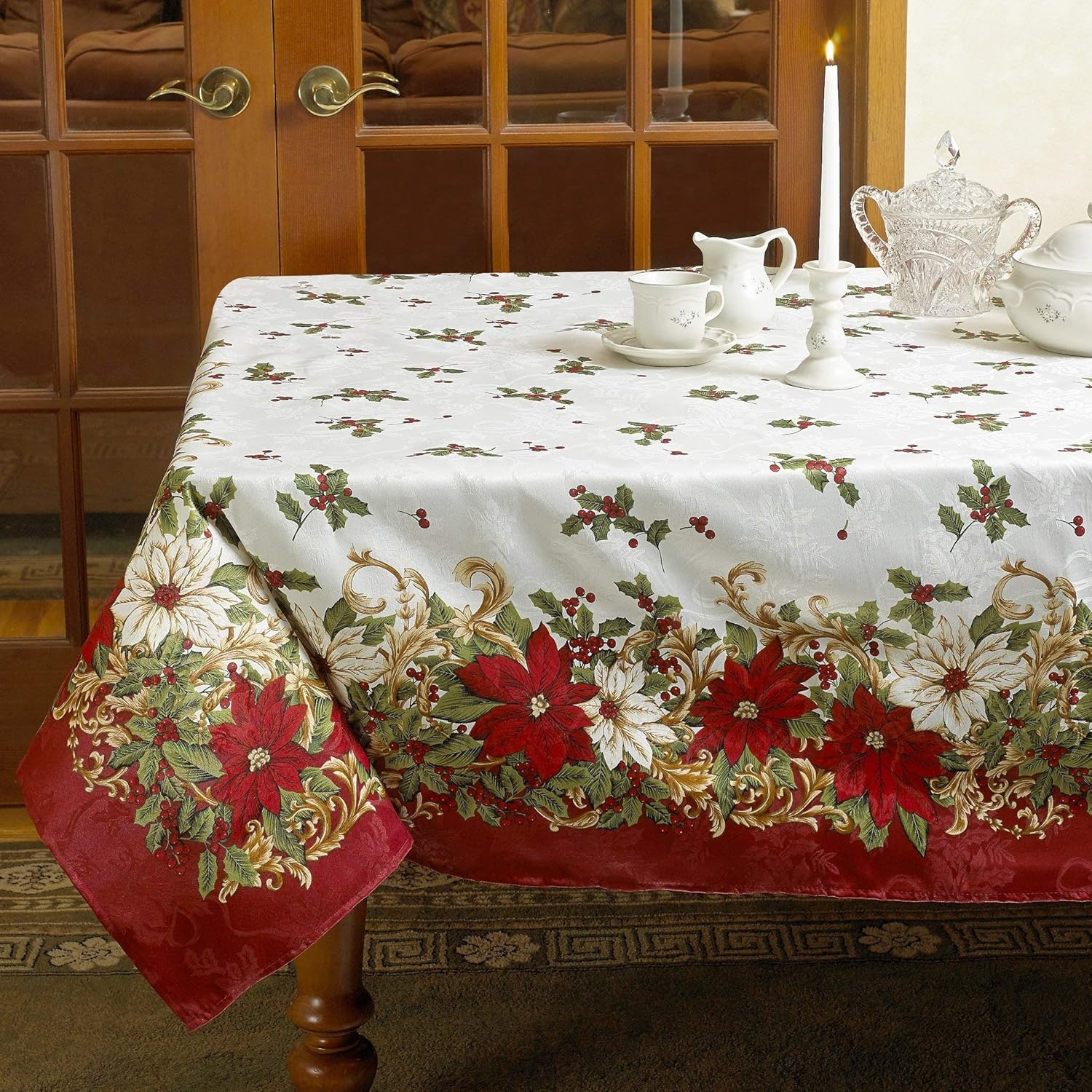Violet Linen Mantel decorativo de Navidad con flores europeas, estampado de flor de pascua y bayas de acebo, 60 x 84 pulgadas