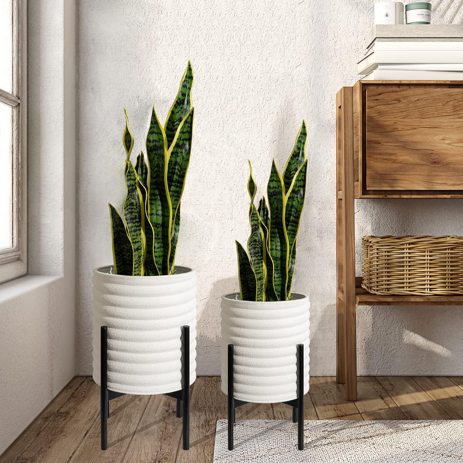 Oakrain Macetas de mediados de siglo para plantas de interior, juego de 2, macetas decorativas modernas de metal para sala de estar, oficina, jardín