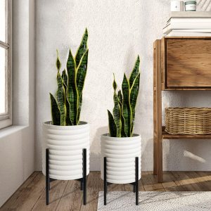 Oakrain Macetas de mediados de siglo para plantas de interior, juego de 2, macetas decorativas modernas de metal para sala de estar, oficina, jardín Oakrain Macetas de mediados de siglo para plantas de interior, juego de 2, macetas decorativas modernas de metal para sala de estar, oficina, jardín