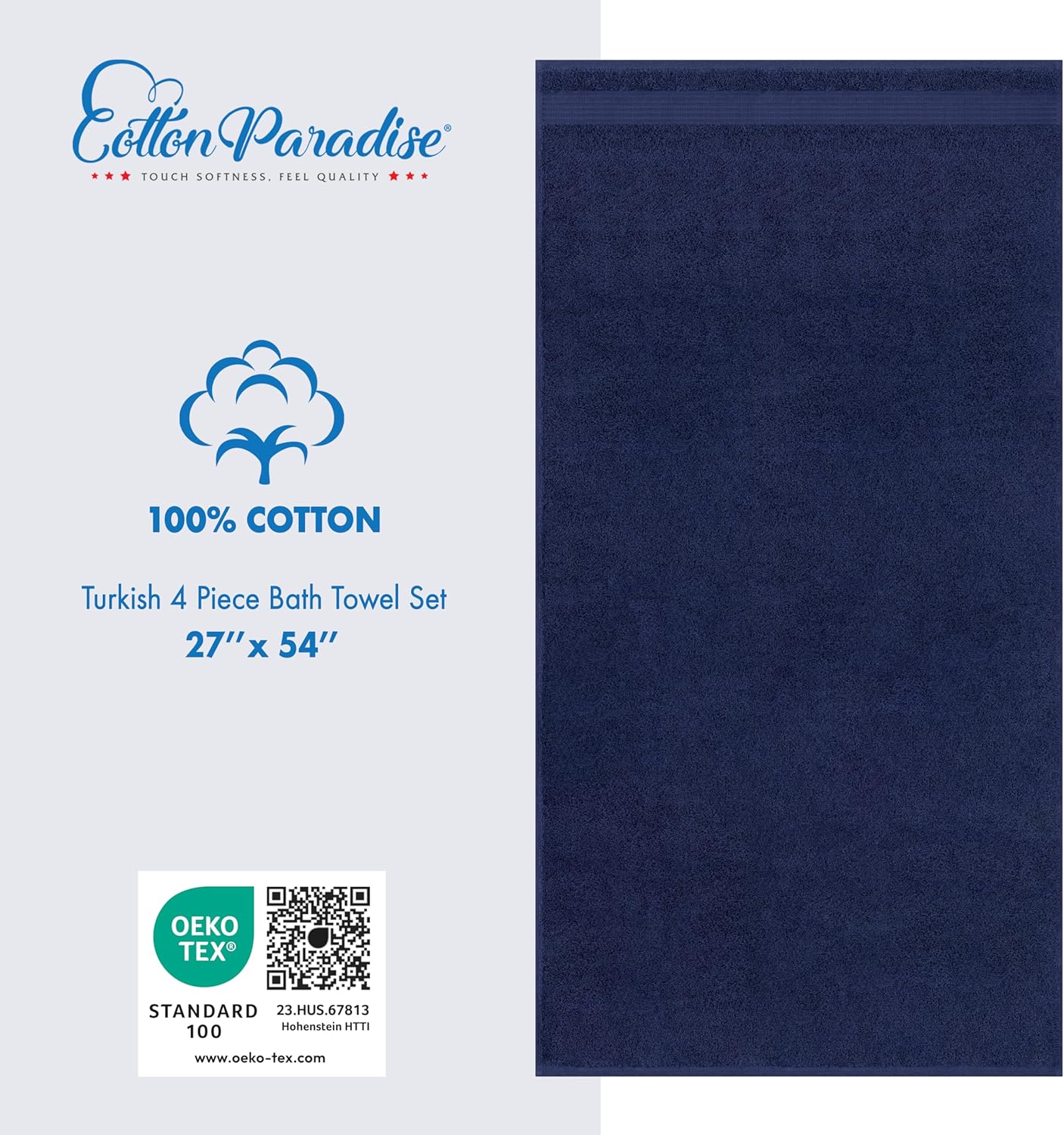 Cotton Paradise – Set de 4 toallas de baño 100% de algodón turco, suaves y absorbentes, color azul marino, 27 x 54in