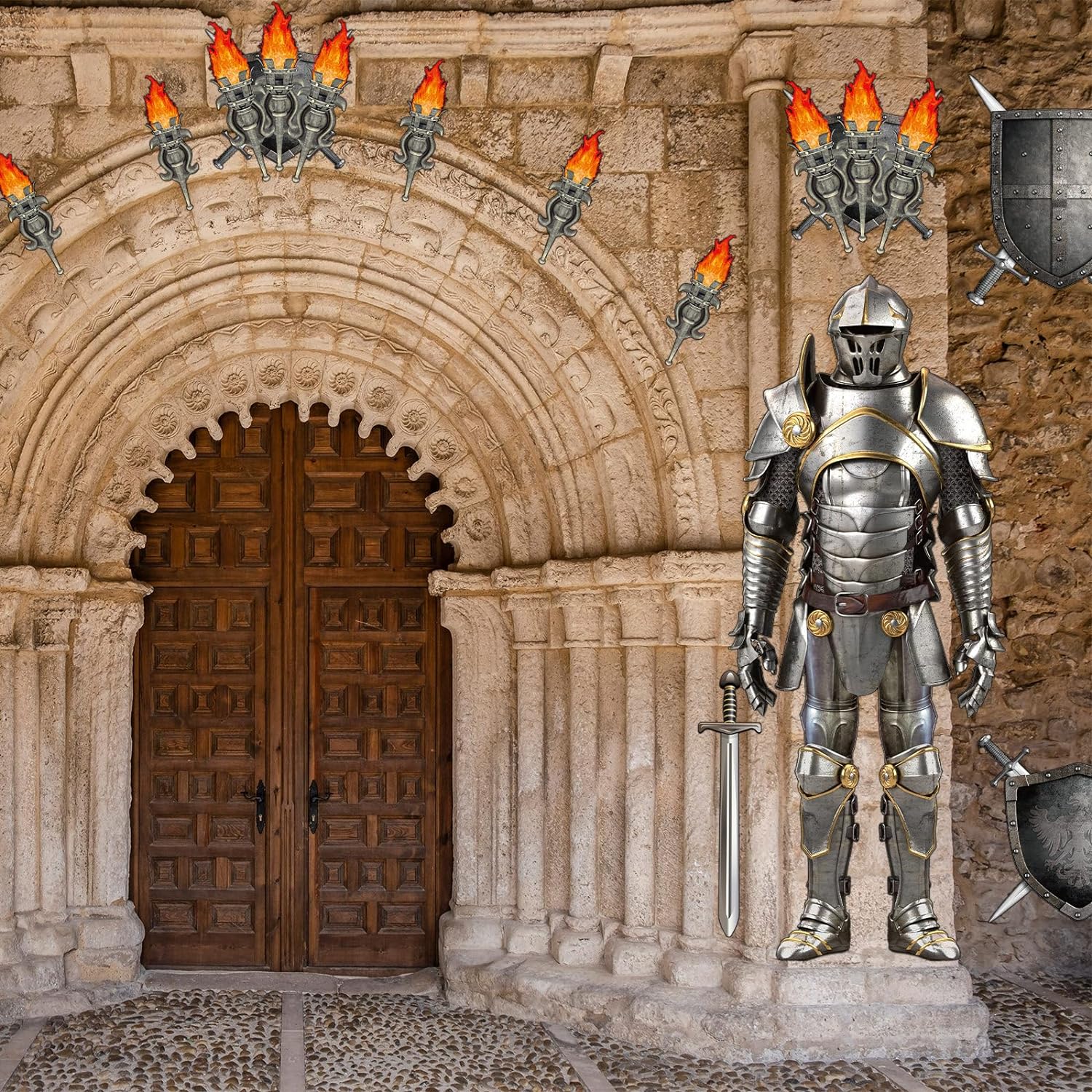 15 piezas de decoraciones medievales para fiestas de 6 pies, traje articulado de armadura de caballero recortado, accesorios de antorcha medieval