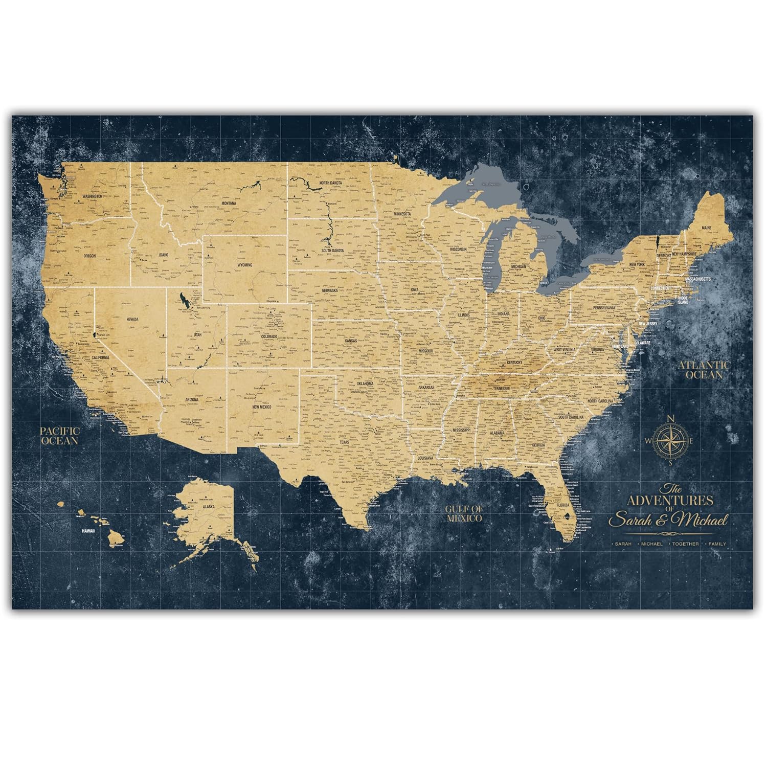 Holy Cow Canvas Personalized Gold & Navy Textured Push Pin Map United States on Canvas, US Travel Map with Pins to Mark Travels, USA Map Pin Board,
