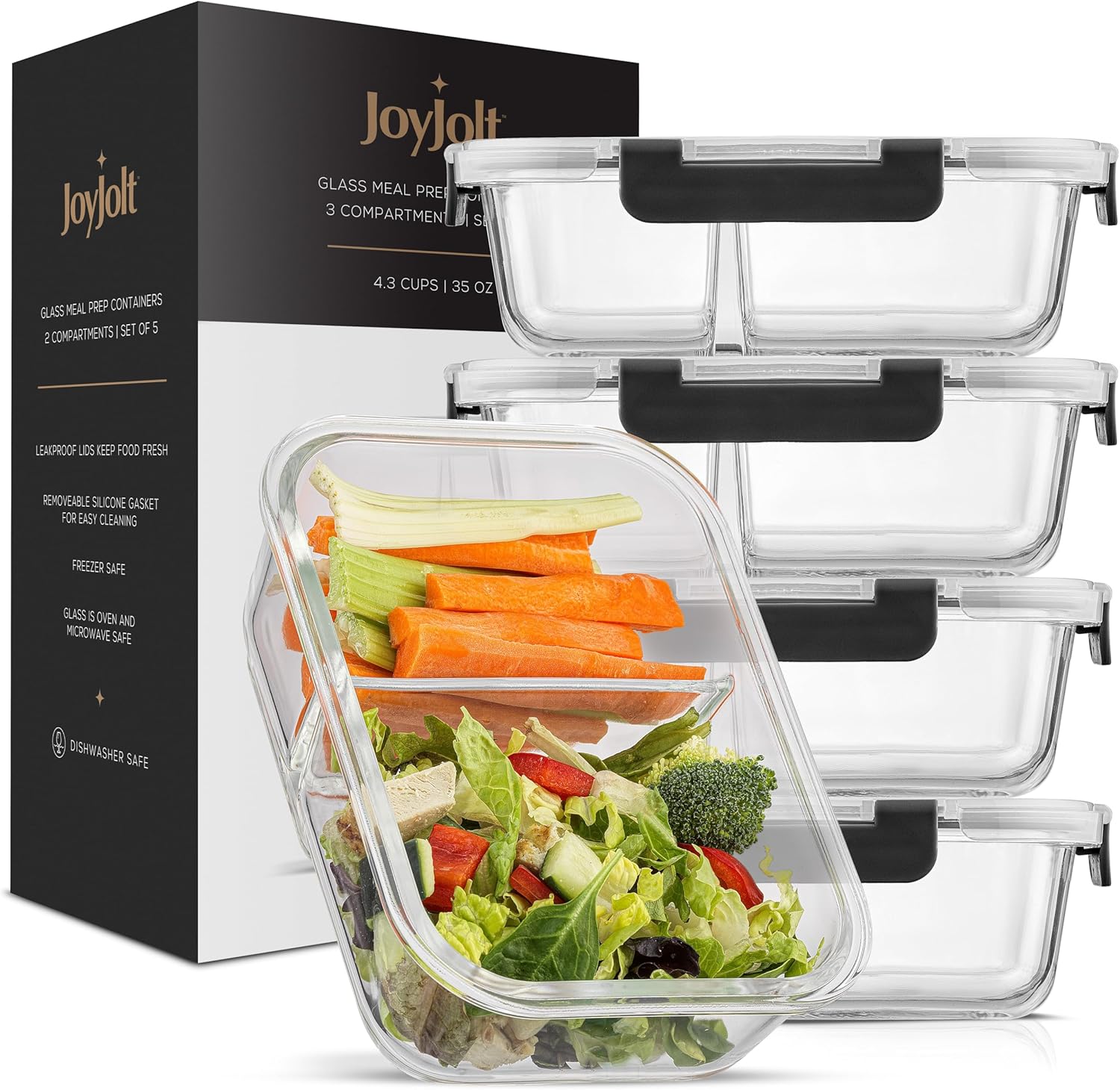 JoyJolt Contenedores divididos para almacenamiento de alimentos con tapas herméticas. Paquete de 5 recipientes de vidrio para preparación de