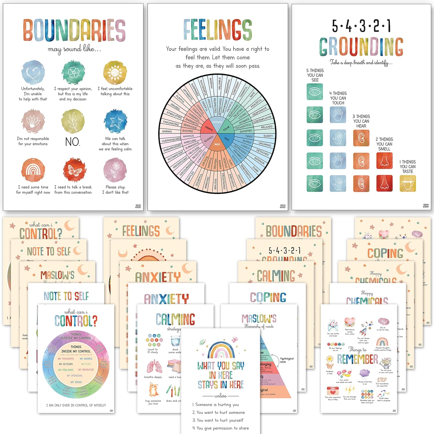 24 pósteres coloridos de salud mental, 12 piezas de terapia de ansiedad, póster motivacional para la oficina, suministros de consejero escolar para