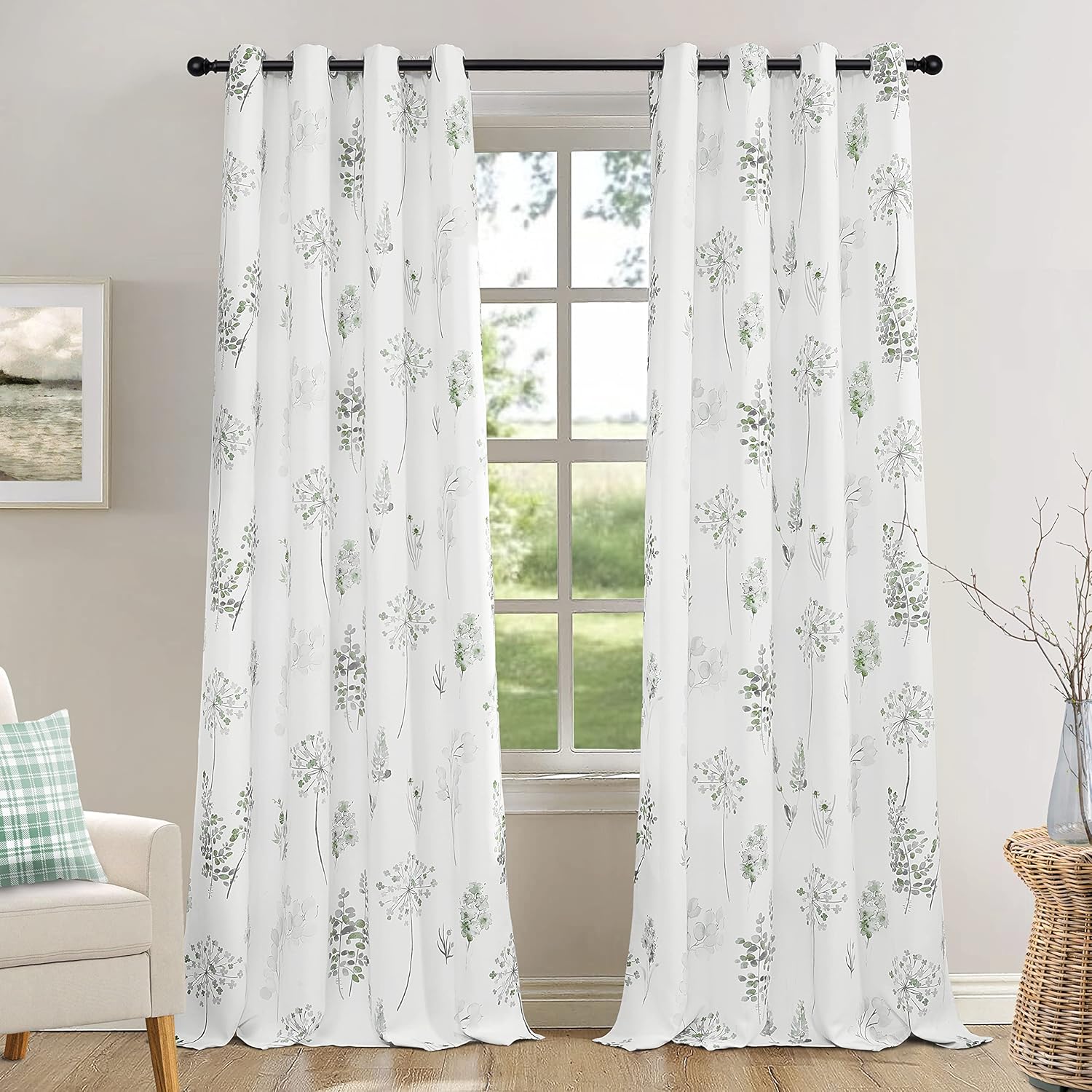 XTMYI Cortinas de lino verde salvia de 84 pulgadas de largo con cortinas opacas de flores silvestres de acuarela verde salvia y gris de 84 pulgadas