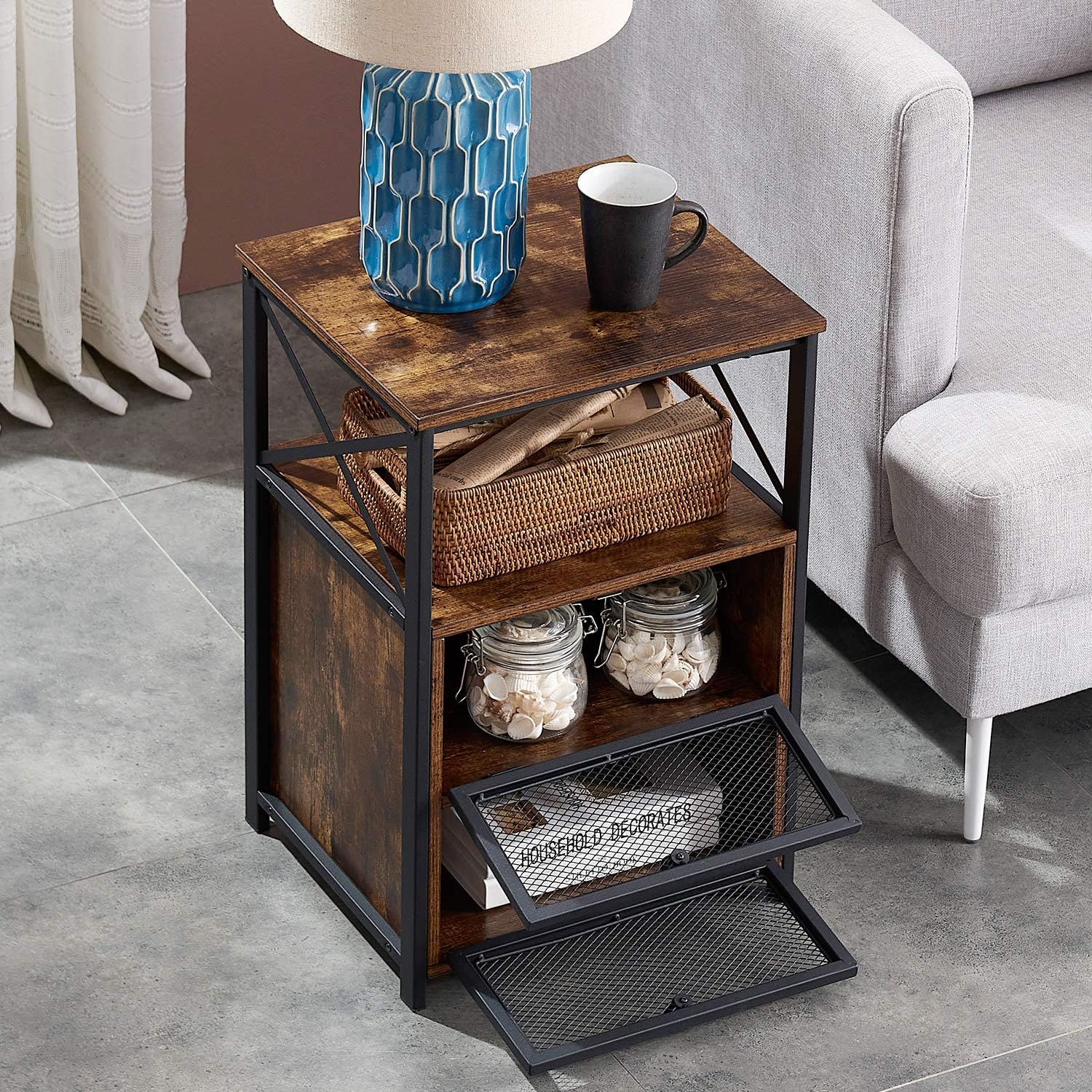 VECELO Moderna mesita de noche, mesa auxiliar con cajón abatible y lateral de diseño X para dormitorio, sala de estar, oficina, fácil montaje, marrón