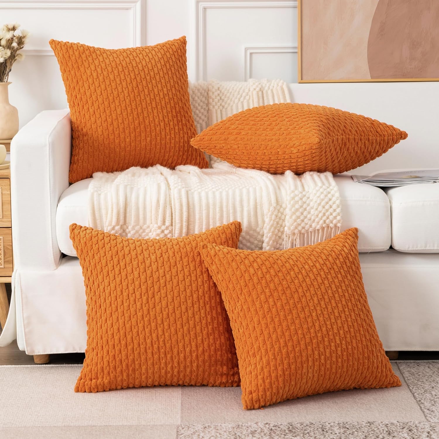 UGASA – Funda de almohada decorativa de pana suave para otoño, 24 x 24 pulgadas, estilo bohemio, a rayas, decoración moderna para el hogar, sofá,