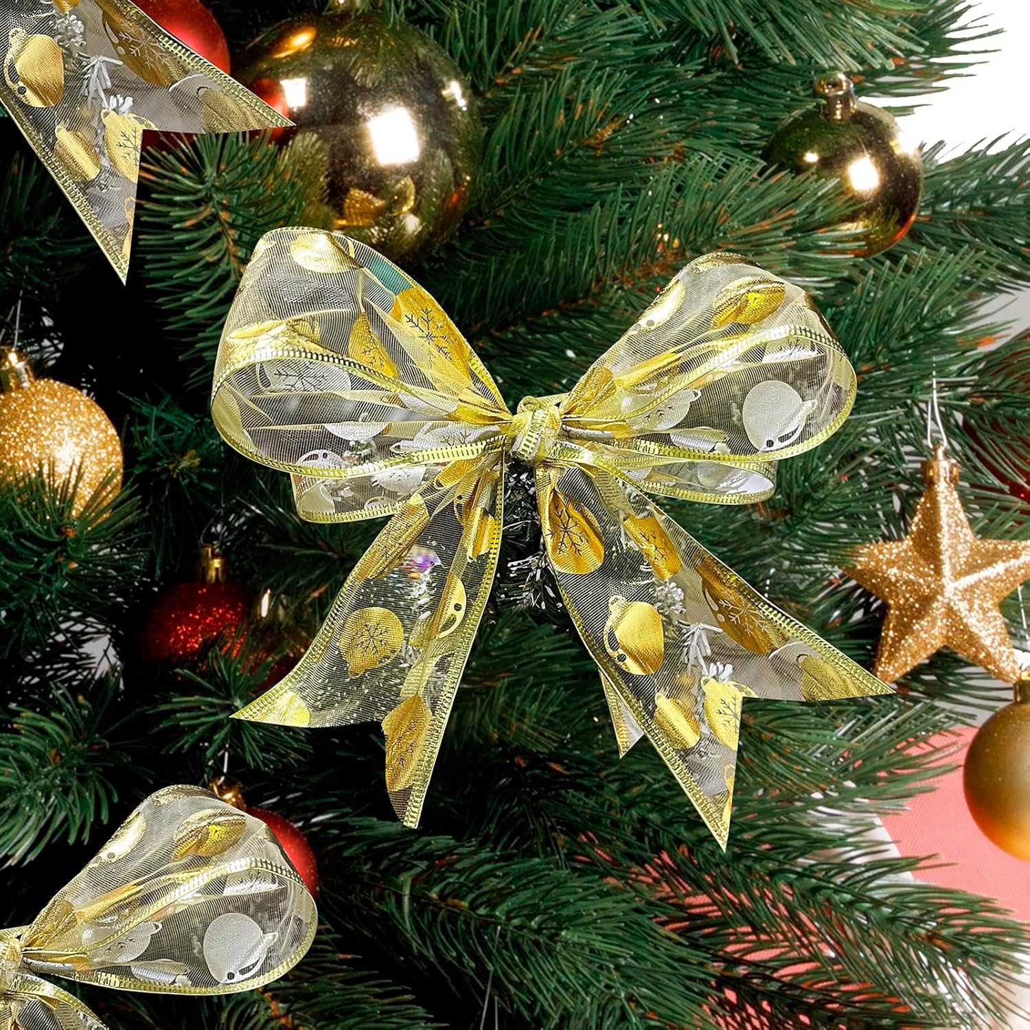 Cinta dorada para árbol de Navidad de 2.5 pulgadas, 6 rollos de 36 yardas, cinta dorada de Navidad, cintas doradas para fiestas navideñas con cable,