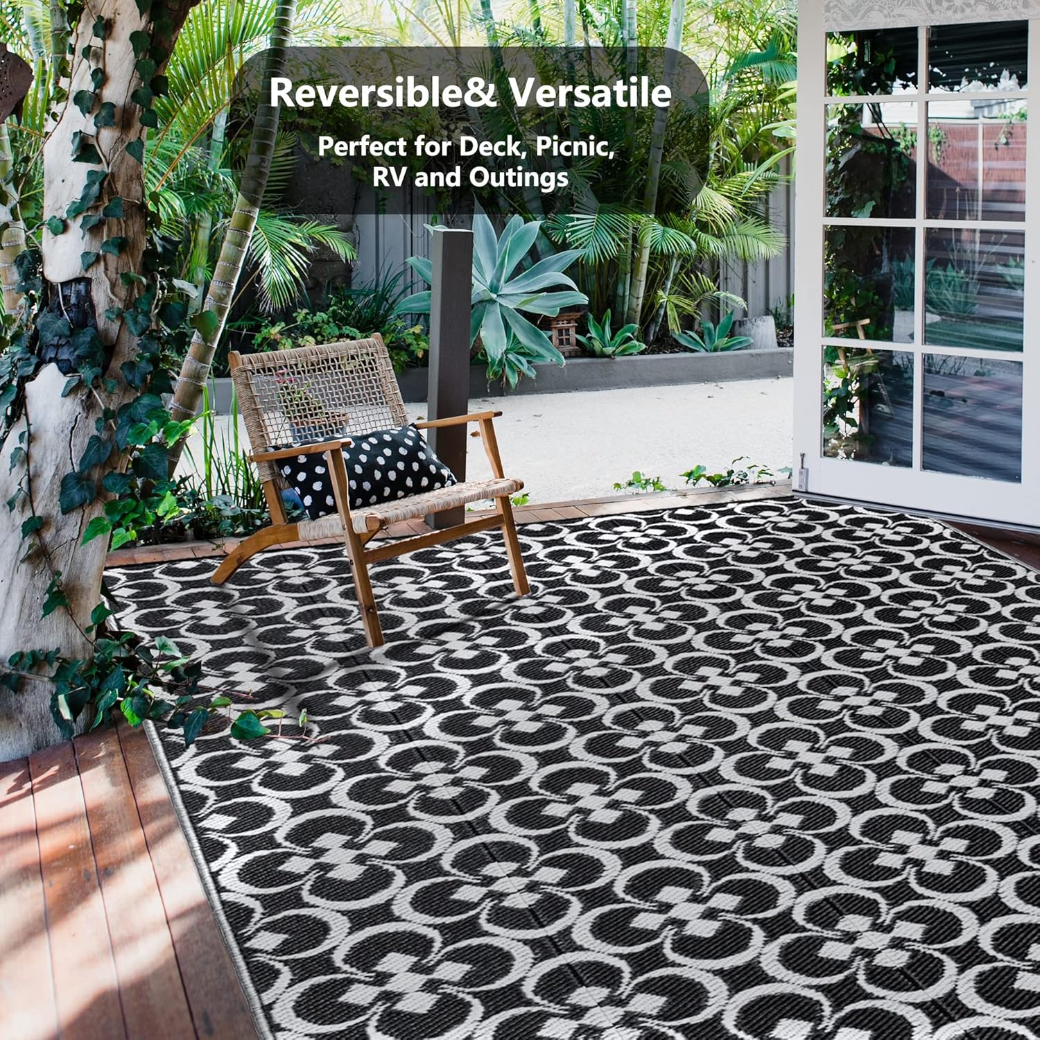 RV Outdoor Rug Waterproof Mat Outdoor Rugs 9’x12′ for Patios Clearance Carpet Outdoor Camping Rugs Large Plastic Straw Rug(9x12ft Clover Black&White)