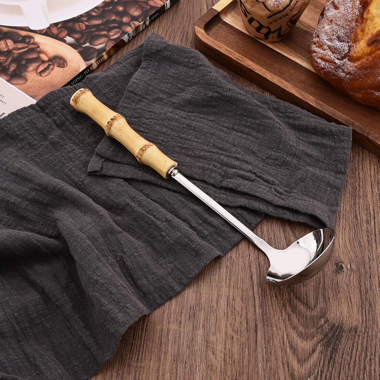Juego de cucharón de sopa y cuchara ranurada, utensilios de servir de acero inoxidable 304 con mango de bambú natural, cucharas de sopa para servir