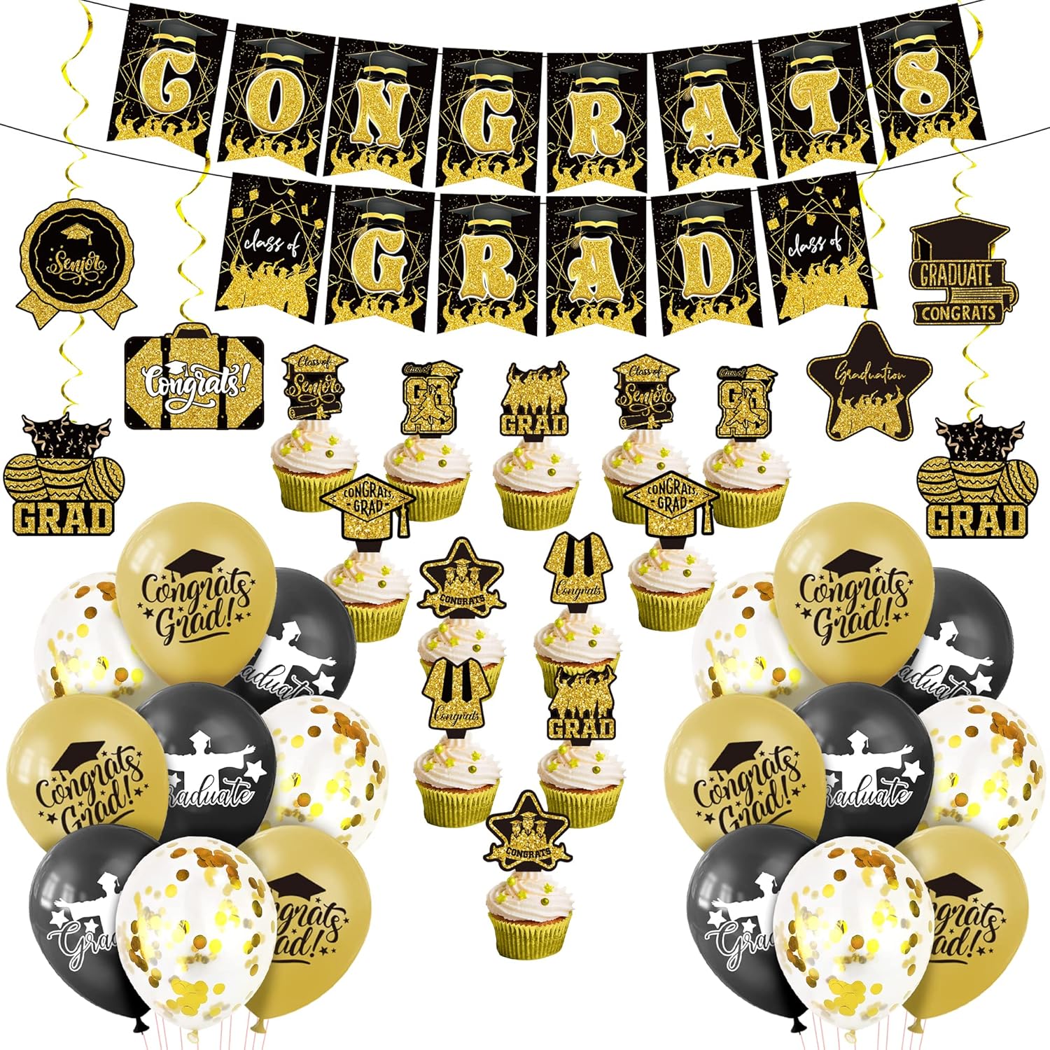 KatchOn, Suministros para fiesta de graduación en negro y dorado, paquete de 37, juego de felicitaciones para decoraciones de graduación negras y