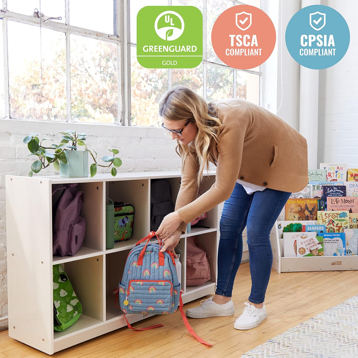 ECR4Kids Gabinete de almacenamiento movible de 8 compartimientos para mochilas, muebles de aula, color blanco lavado