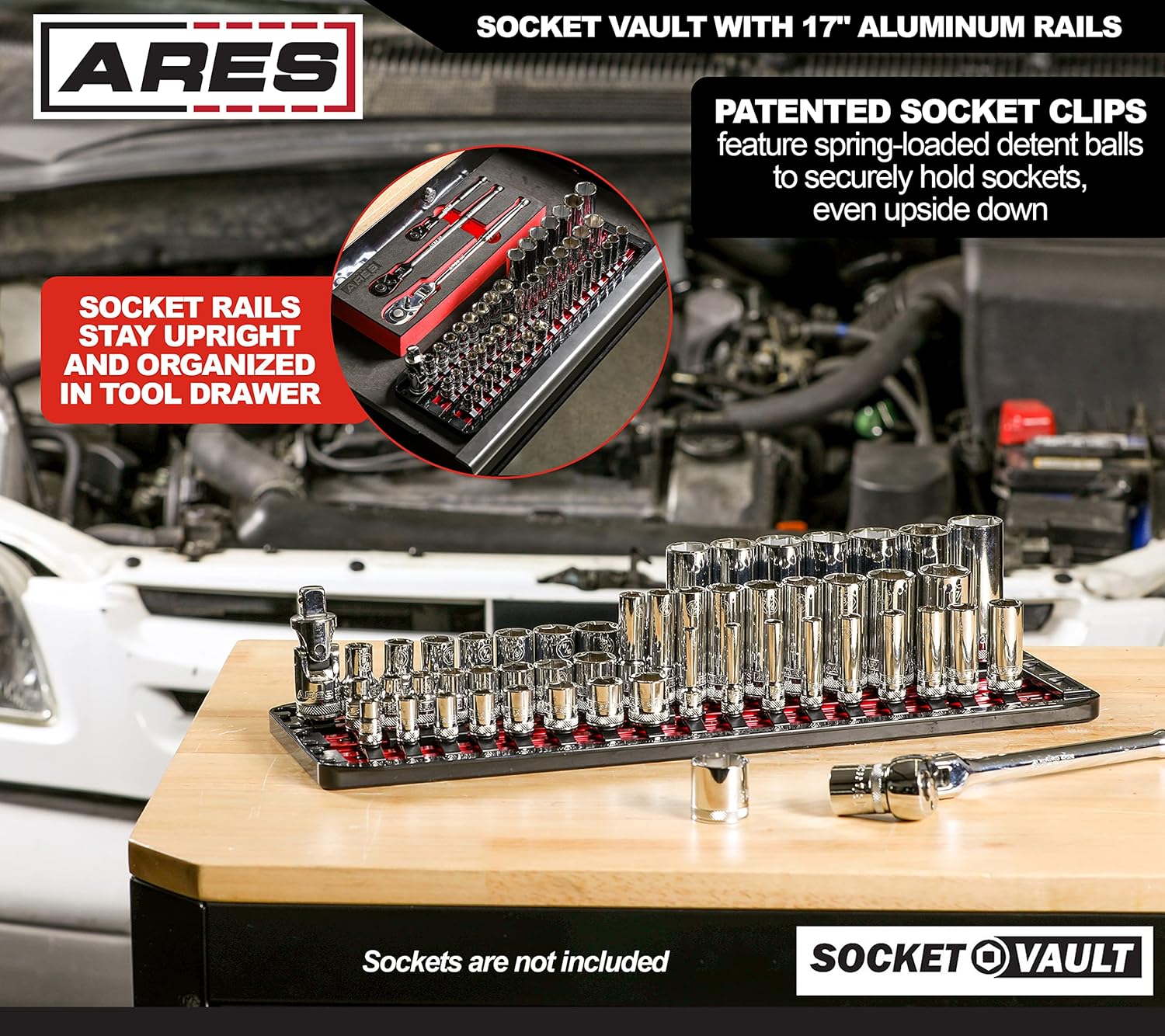 ARES 60147 – Juego de 2 organizadores de enchufes SOCKET VAULT – Juego de 6 rieles rojos de 17 pulgadas con 2 bandejas organizadoras de plástico