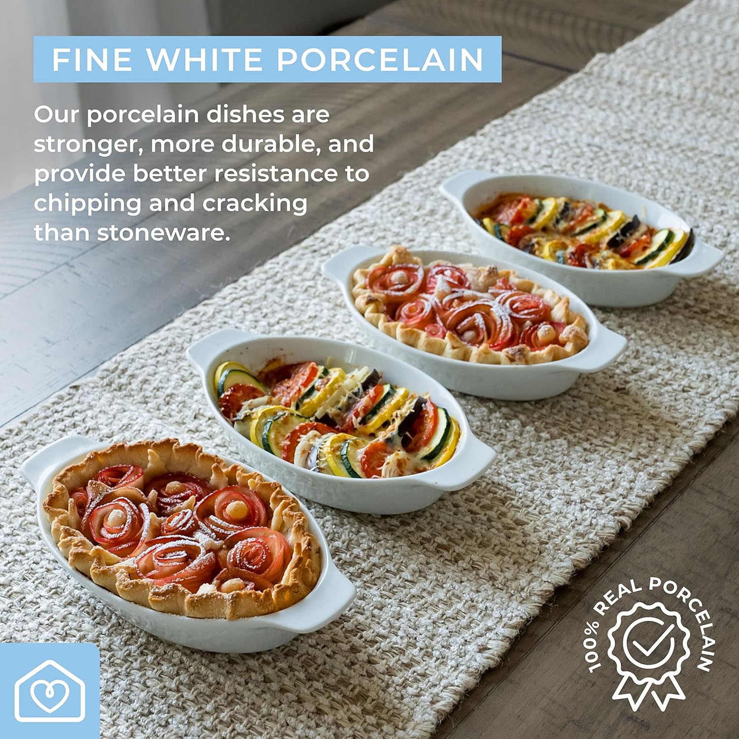 Heartland Home Plato de porcelana mini cacerola ovalada para gratinar (juego de 4 piezas). Plato para hornear coliflor, cuencos partidos de plátano,