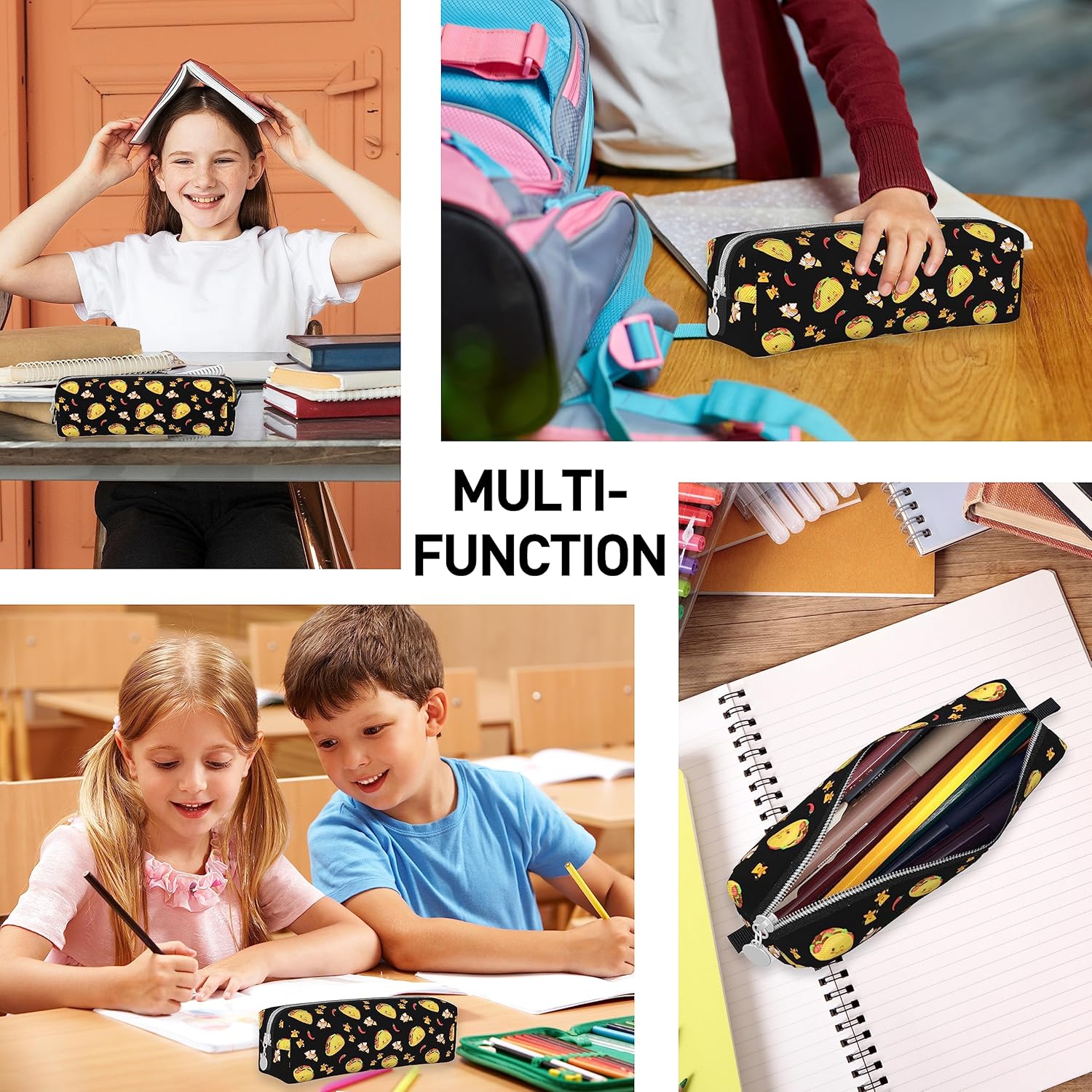 Estuche para lápices de tacos para niños y niñas, estuche de alta capacidad con organizador de cremallera, bolsa de papelería para oficina y