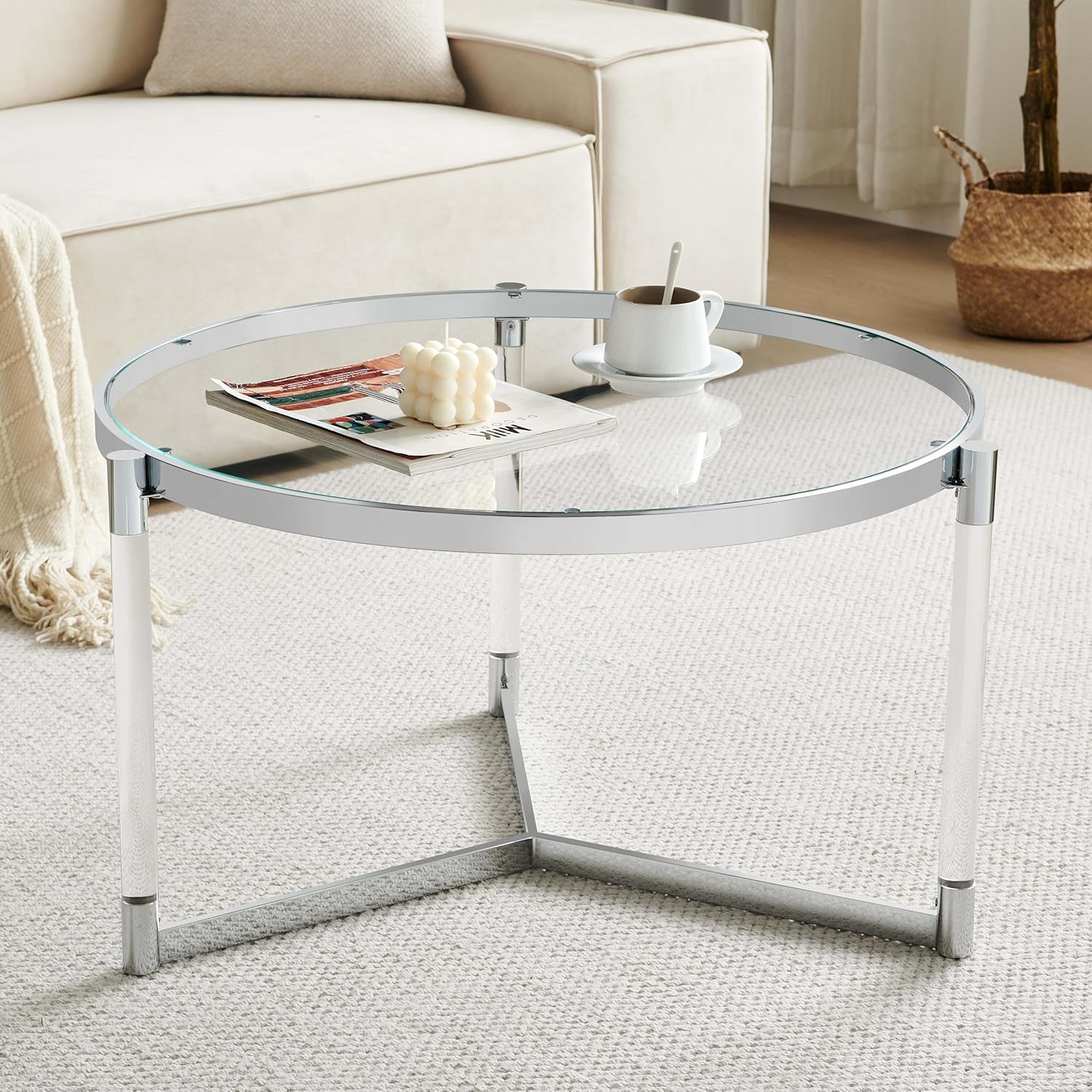 Saint Mossi Mesa de centro de cristal, diseño moderno, mesa de centro de vidrio de una sola capa para espacio vital, 32 pulgadas de diámetro x 17