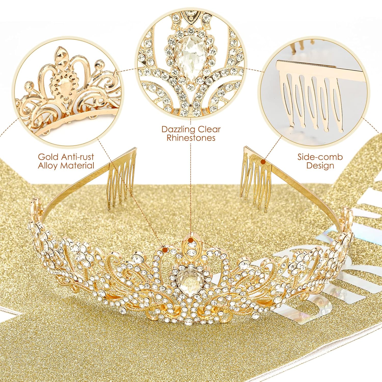Makone Corona dorada de princesa de cumpleaños con banda de reina de cumpleaños para mujeres o niñas, diadema de cristal, accesorios para el cabello