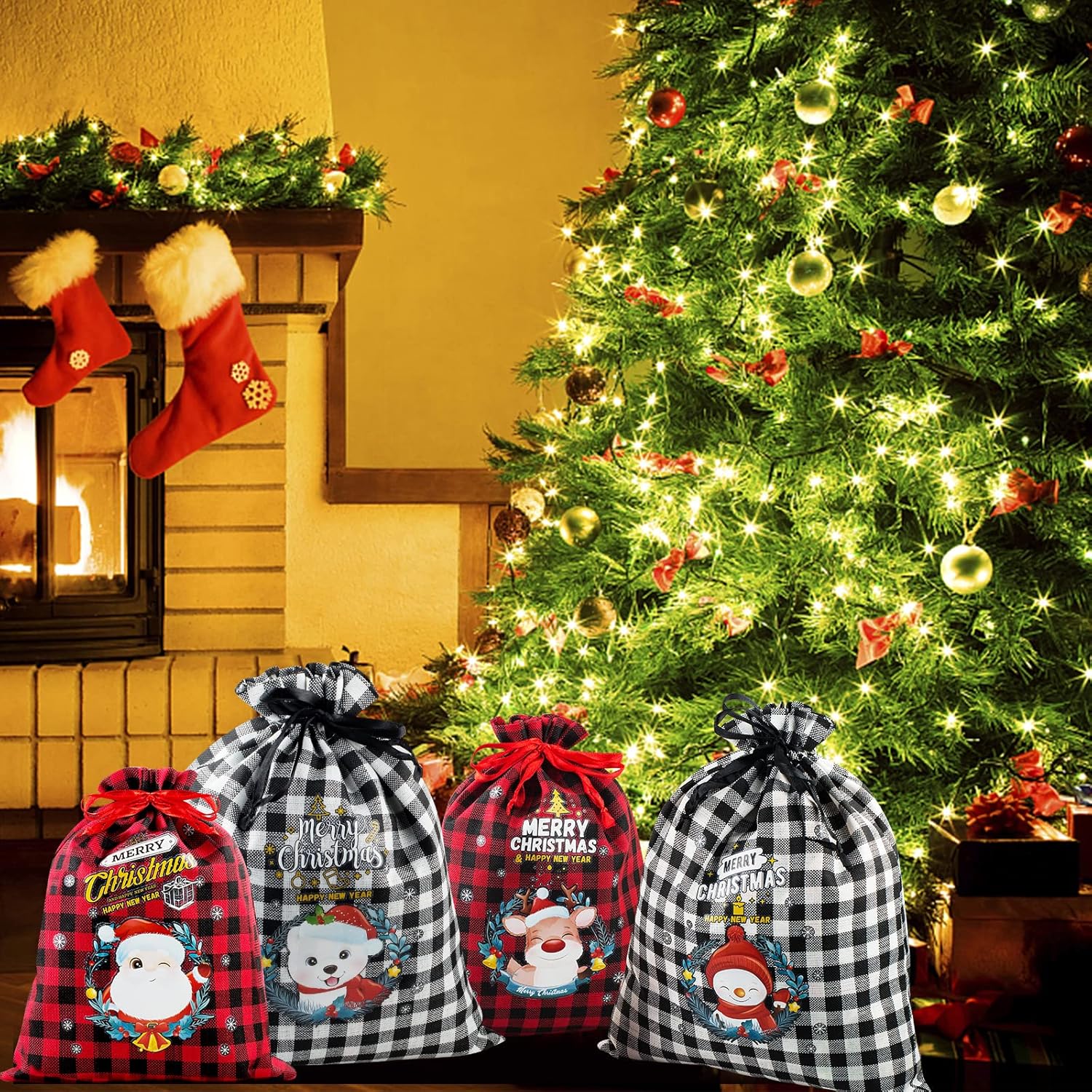Paquete de 8 bolsas de regalo de varios tamaños, a cuadros de búfalo y patrones de Navidad, bolsas de regalo con cordones de Navidad, bolsas de