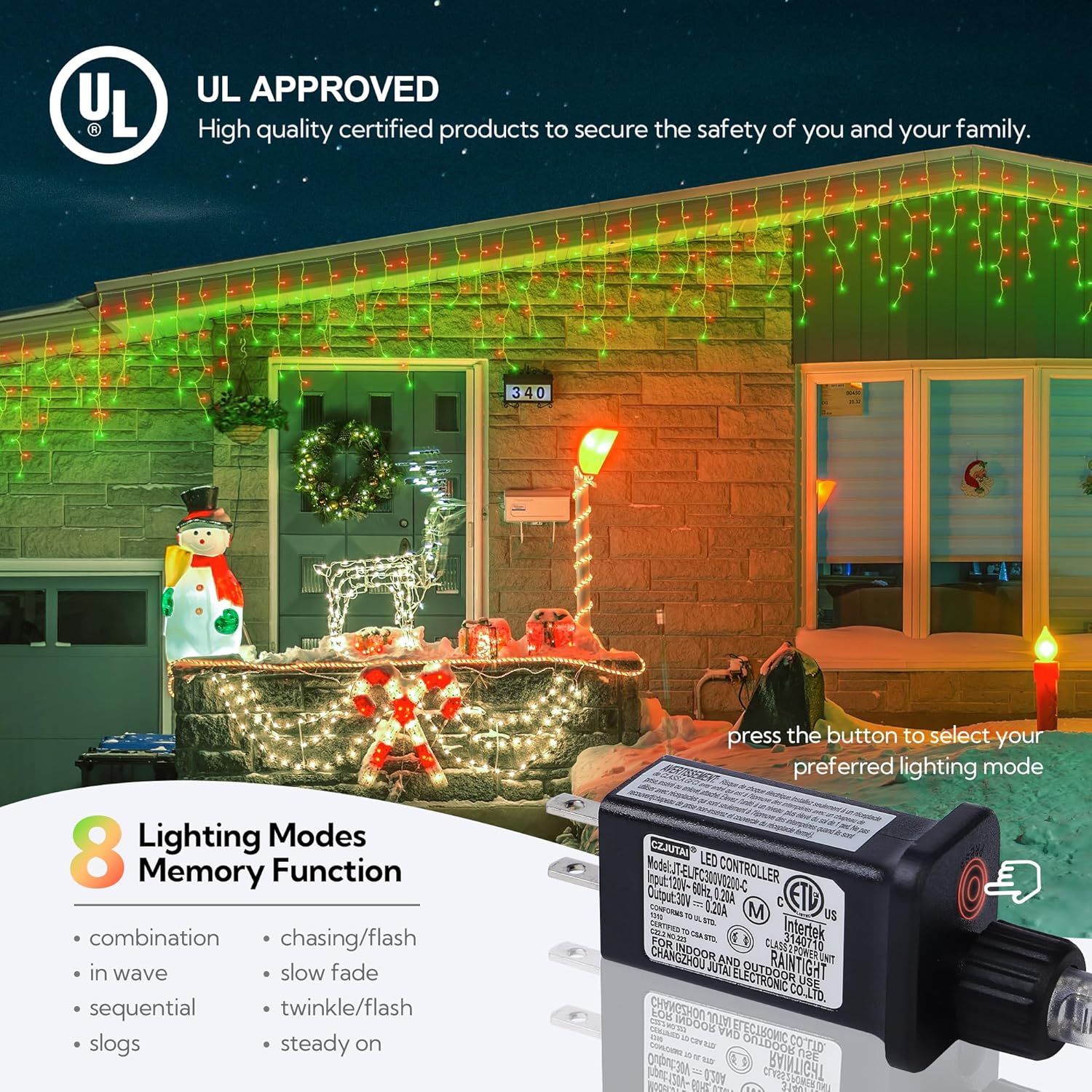 Hopolon Luces LED de carámbano de Navidad de 33 pies, 360 L, impermeables, 8 modos de iluminación, con 60 gotas, luces de Navidad para bodas,