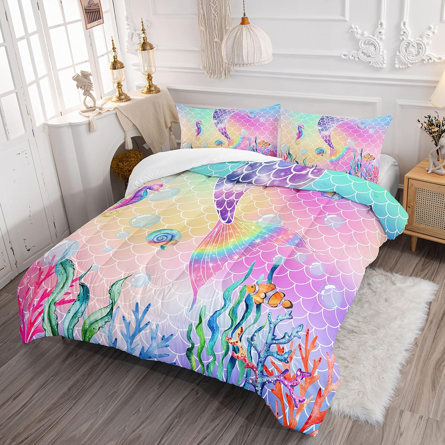 Datura home Juego de edredón de cama con estampado de cola de sirena rosa arcoíris con 1 y 2 fundas de almohada para dormitorio de niñas para todas