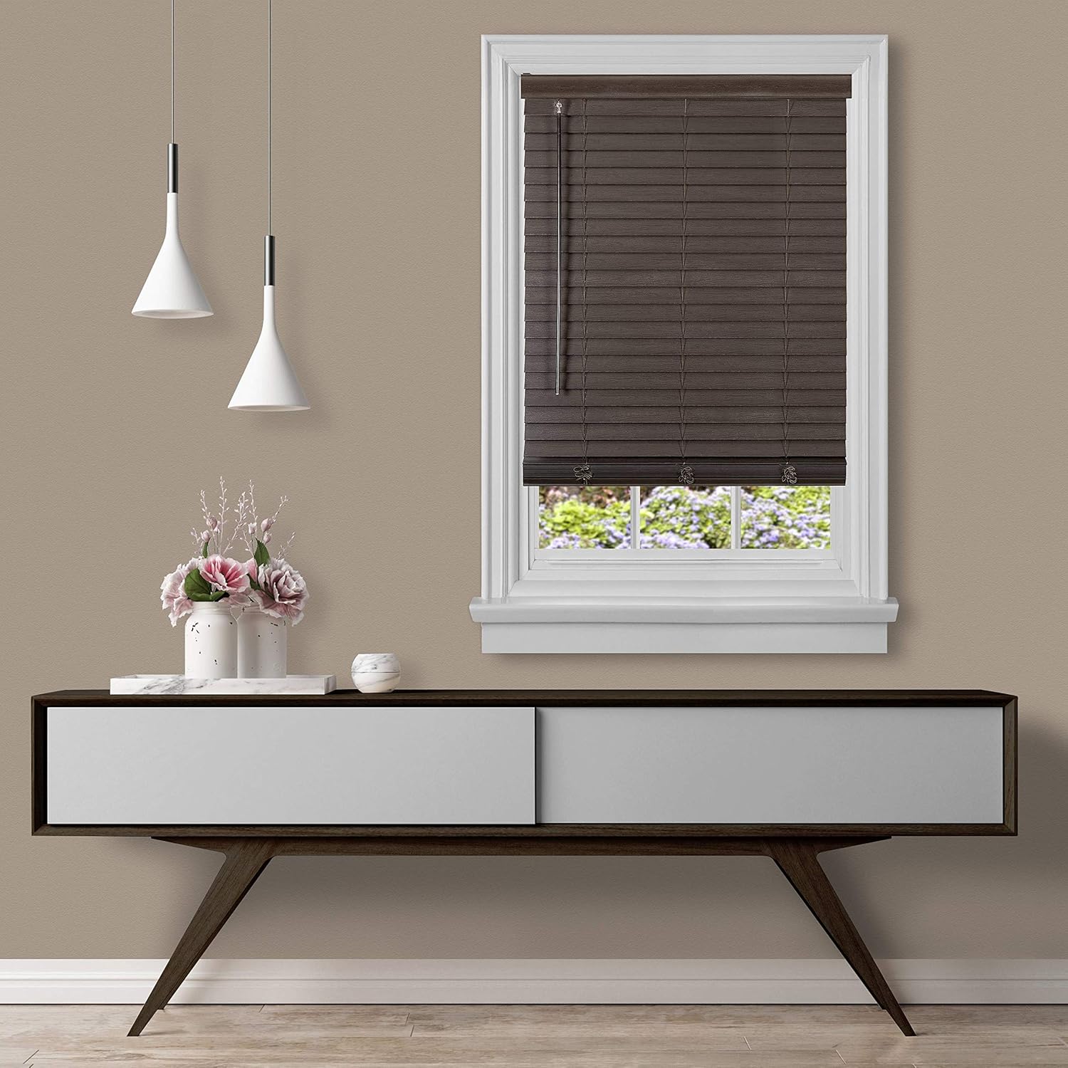 Ben&Jonah PrimeHome Collection – Persiana sin cordón de madera falsa de 2 pulgadas, color caoba