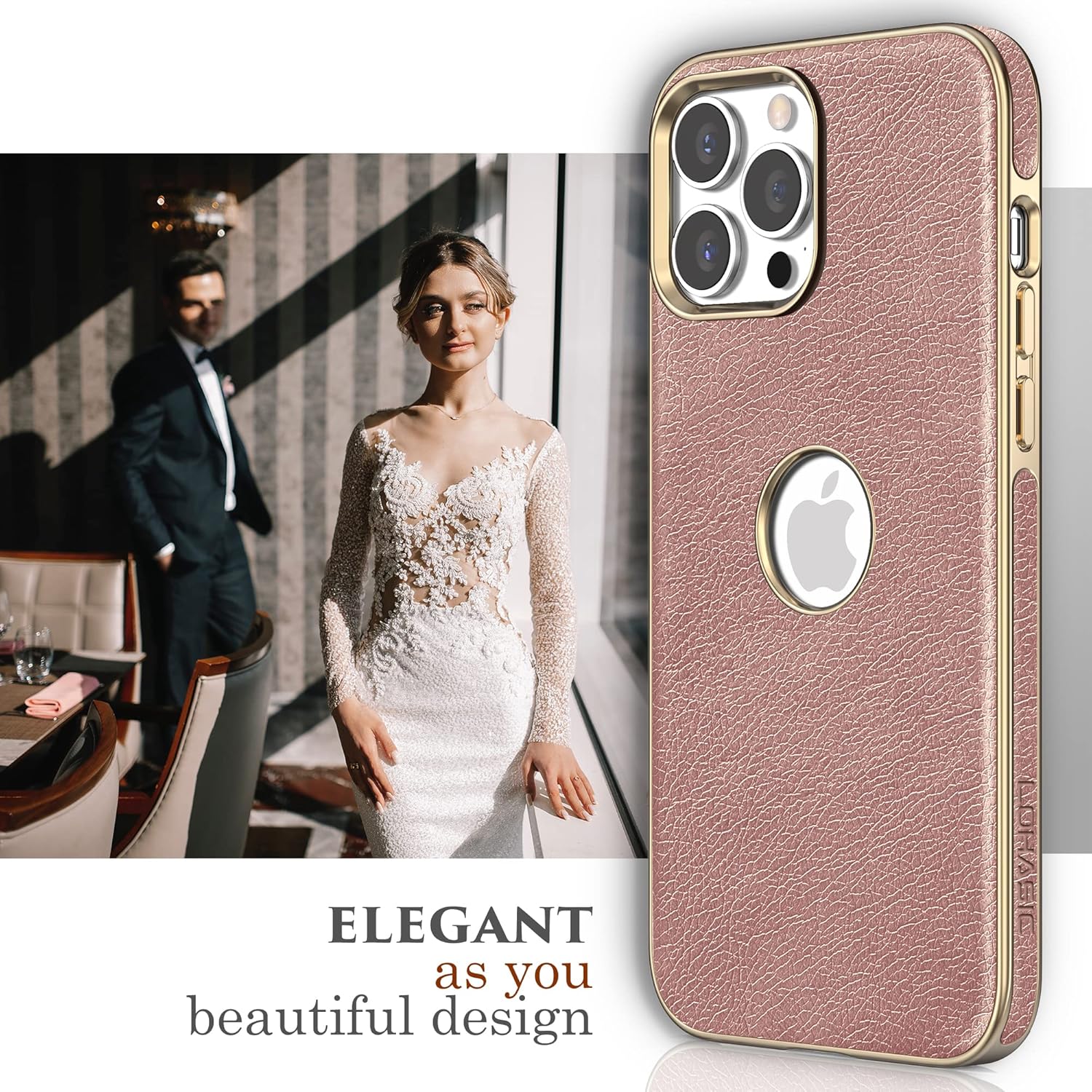 LOHASIC Funda para iPhone 14 Pro Max, vista de logotipo, piel sintética vintage de lujo, elegante funda de teléfono ProMax para mujeres y niñas,