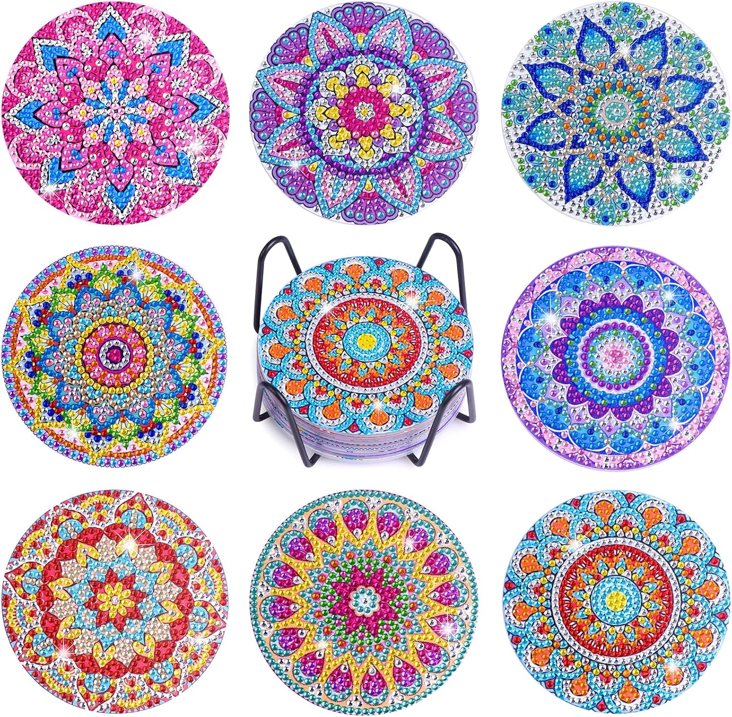 8 posavasos de arte de diamante, kits de pintura de diamantes de mandala para adultos, niños y principiantes, posavasos de pintura de diamante,