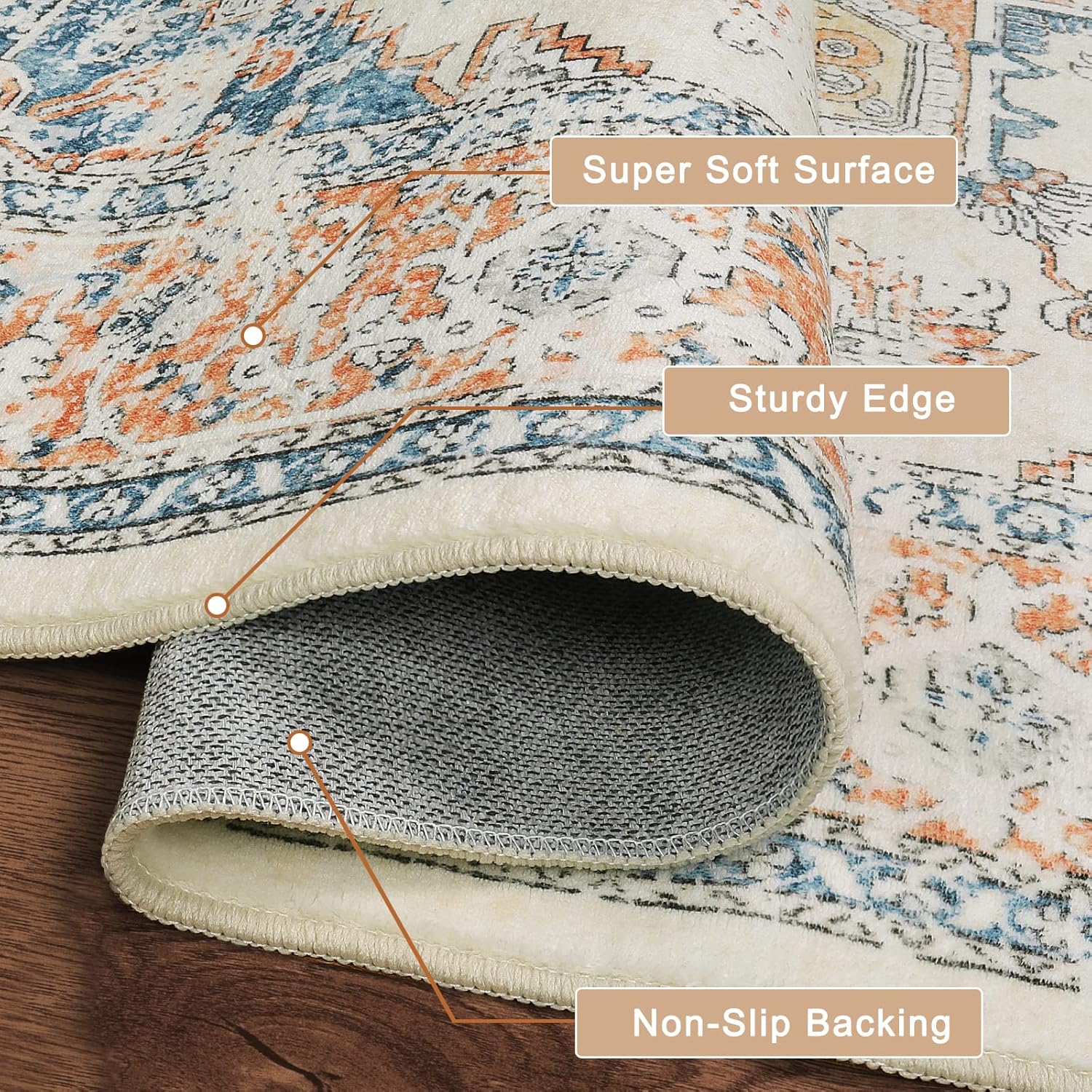 LIVEBOX Alfombra lavable de 5 x 7 pies, alfombra vintage bohemia para sala de estar, alfombra antideslizante para dormitorio, alfombra retro de pelo