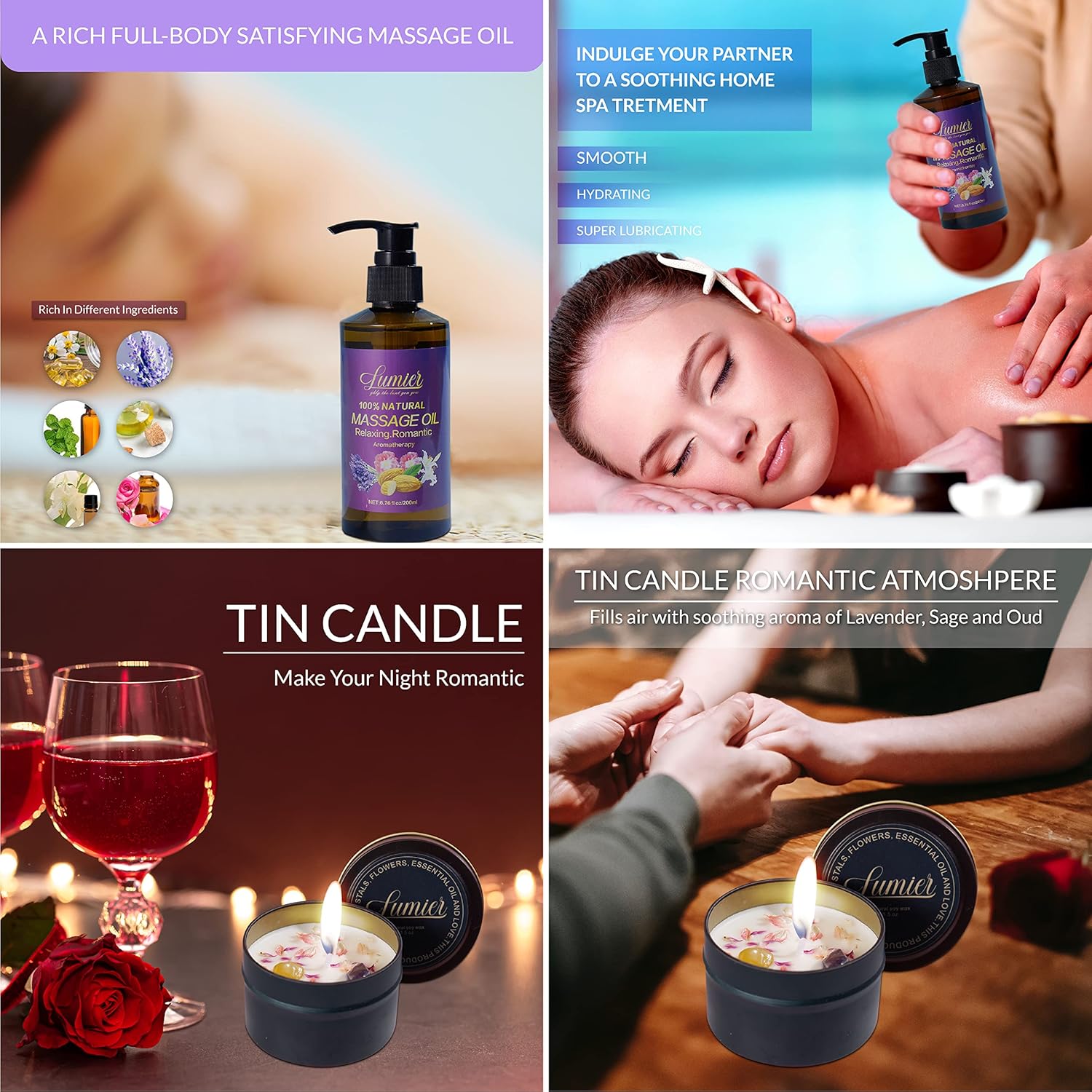 Aceite de masaje natural y juego de velas para relajación y alivio del estrés, mezcla relajante de aceites esenciales para aromaterapia, perfecto