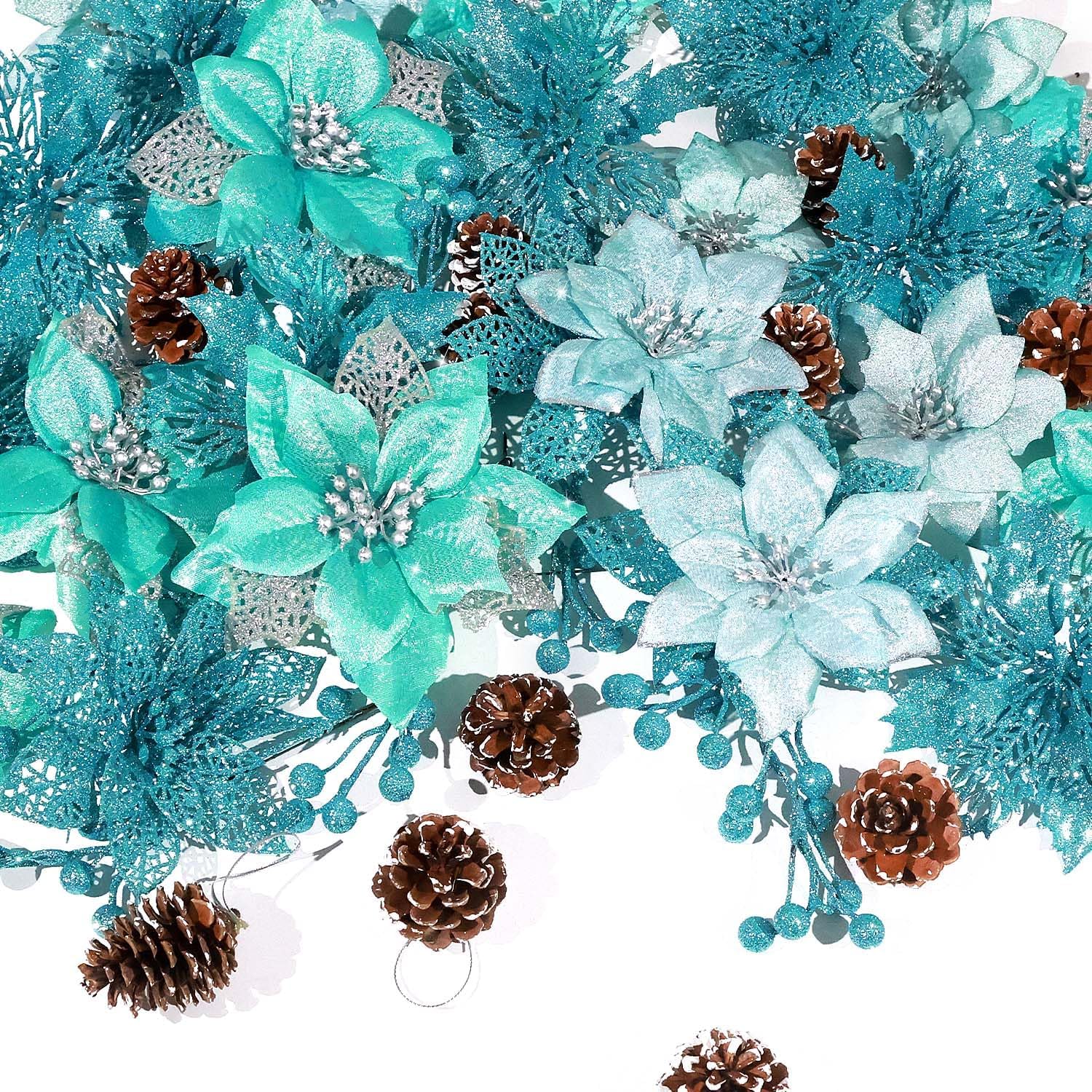 56 piezas de flores de Pascua artificiales de 4 estilos, bayas con purpurina, adornos de árbol con piñas y tallos para Navidad, boda, bricolaje,