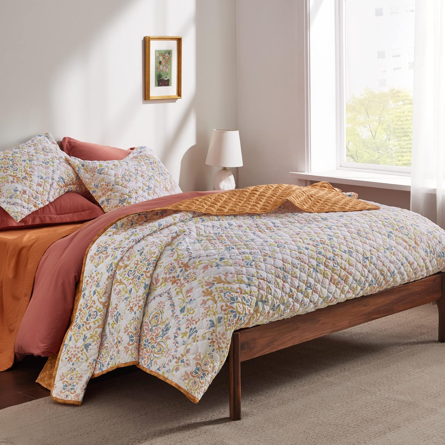 Bedsure Juego de edredón bohemio tamaño Queen  Juego de ropa de cama reversible naranja bohemio de 3 piezas, colcha de microfibra ligera, juego de
