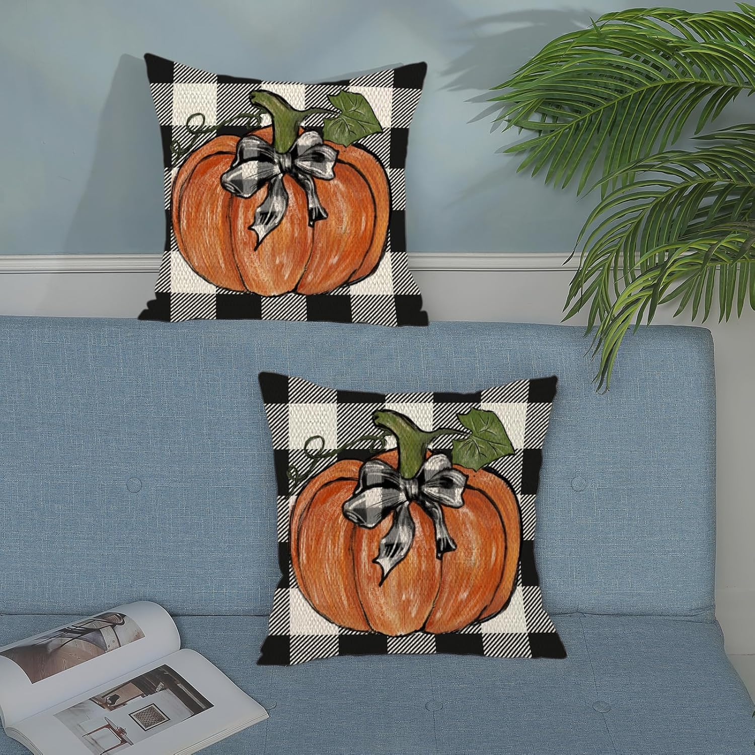 Juego de 2 fundas de almohada de otoño de 16 x 16 pulgadas, hojas de arce de calabaza y búfalo a cuadros, decoración de otoño, de lino, para Acción