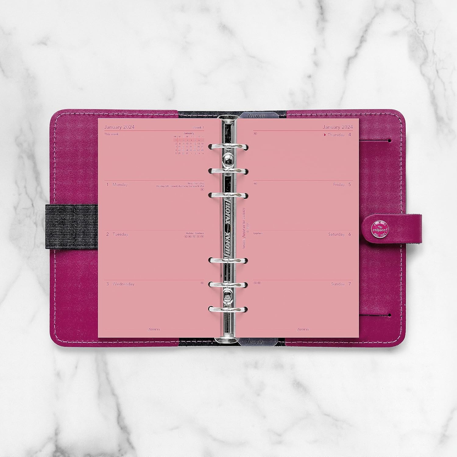Filofax Recambio de diario de calendario, tamaño personalcompacto, semana a vista, papel rosa, sin rayas, inglés, 2024 (C68478-24)